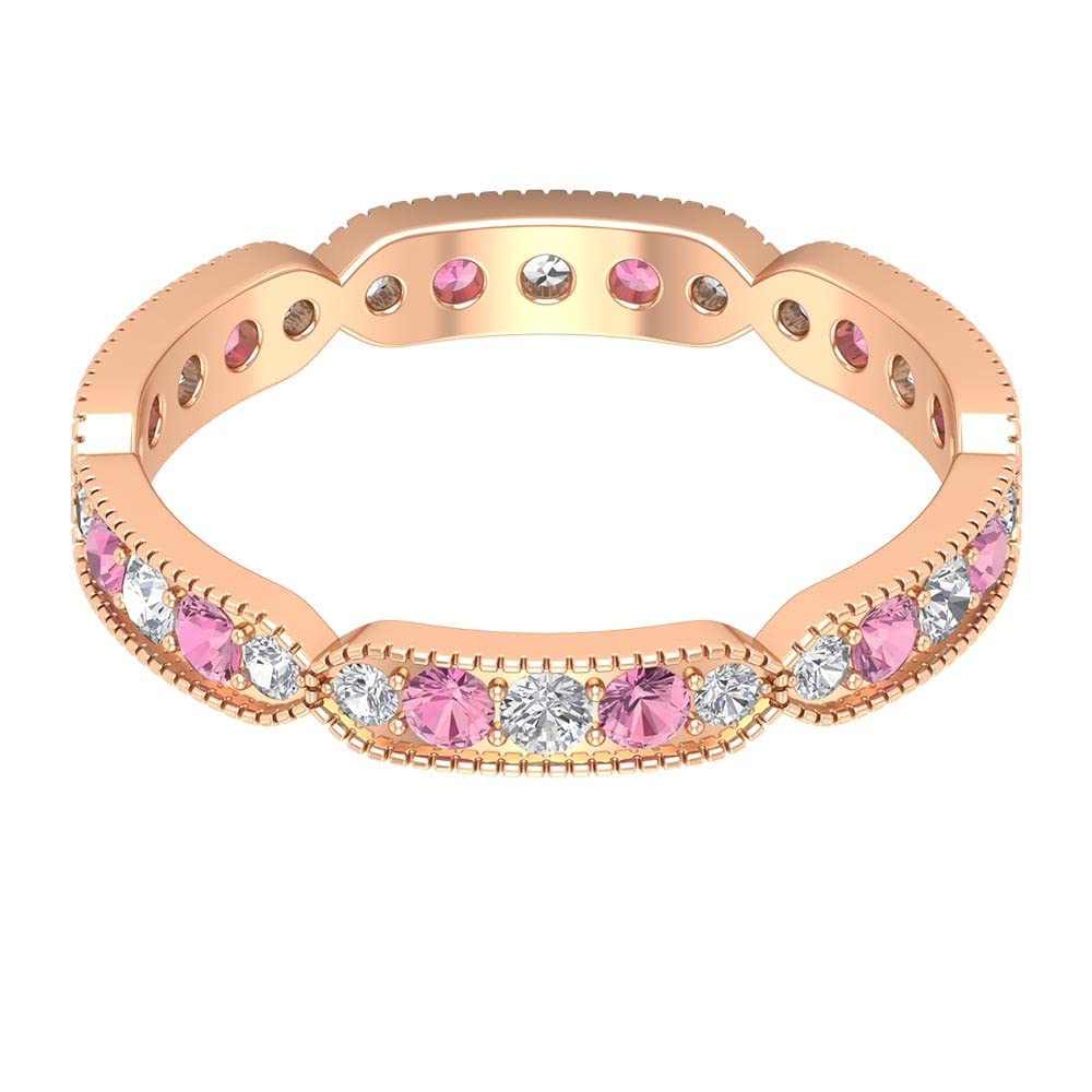 14K Solid Gold Pink Tourmaline and Diamond Eternity Ring for Women - Milgrain Detailing, Flawless Gemstone Jewelry - Perfect for Weddings, Anniversaries & Special Occasions