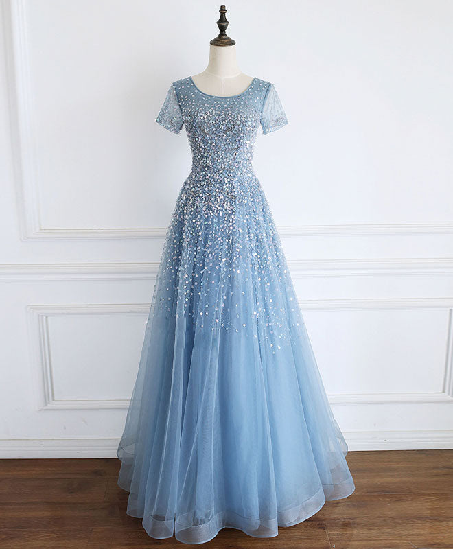 Elegant Blue Round Neck Tulle Sequin Beaded Long Prom Dress - Formal Evening Gown for Homecoming, Quinceañera & Special Occasions