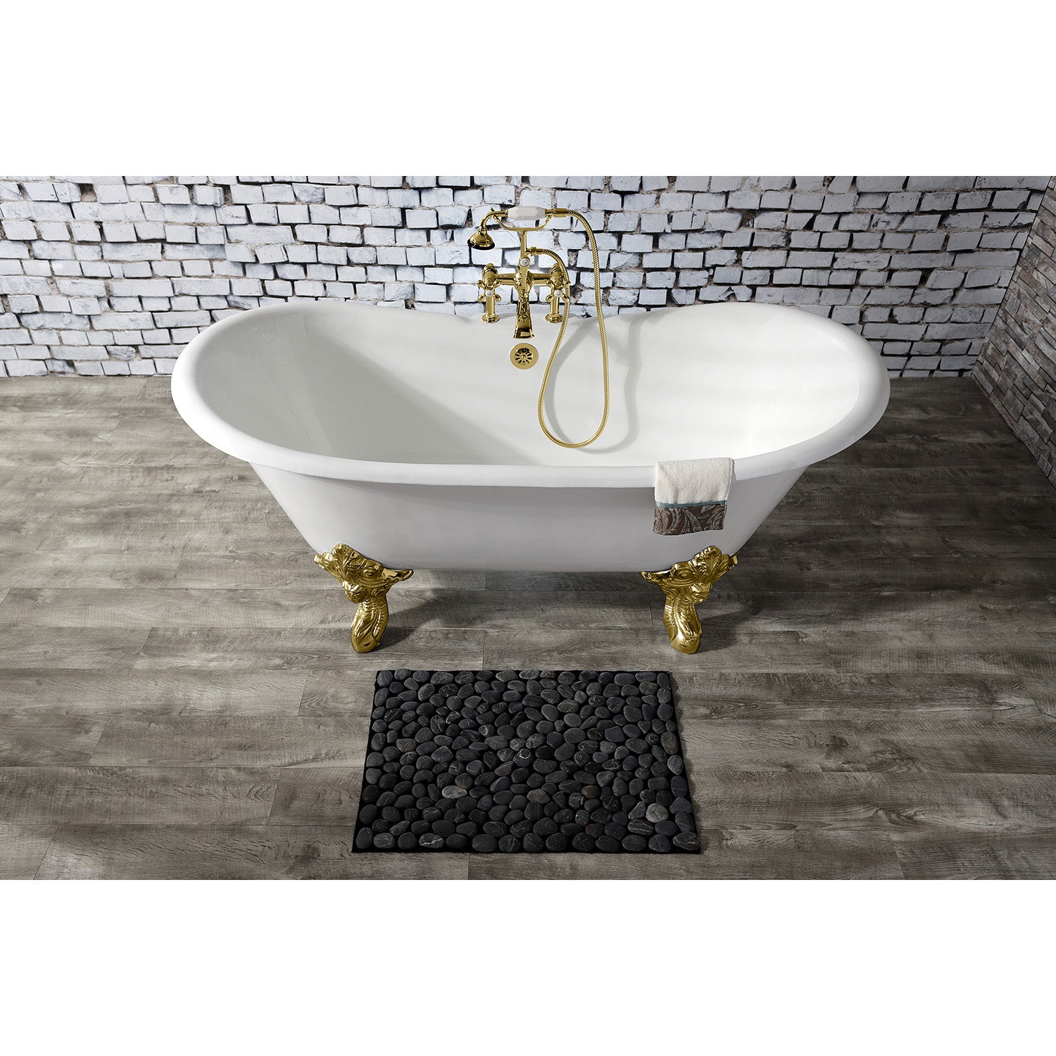 Aqua Eden 67 Inch White Cast Iron Oval Double Slipper Clawfoot Bathtub with Polished Brass Faucet Drillings - Vintage Freestanding Soaking Tub for Luxury Bathroom & Spa Retreat