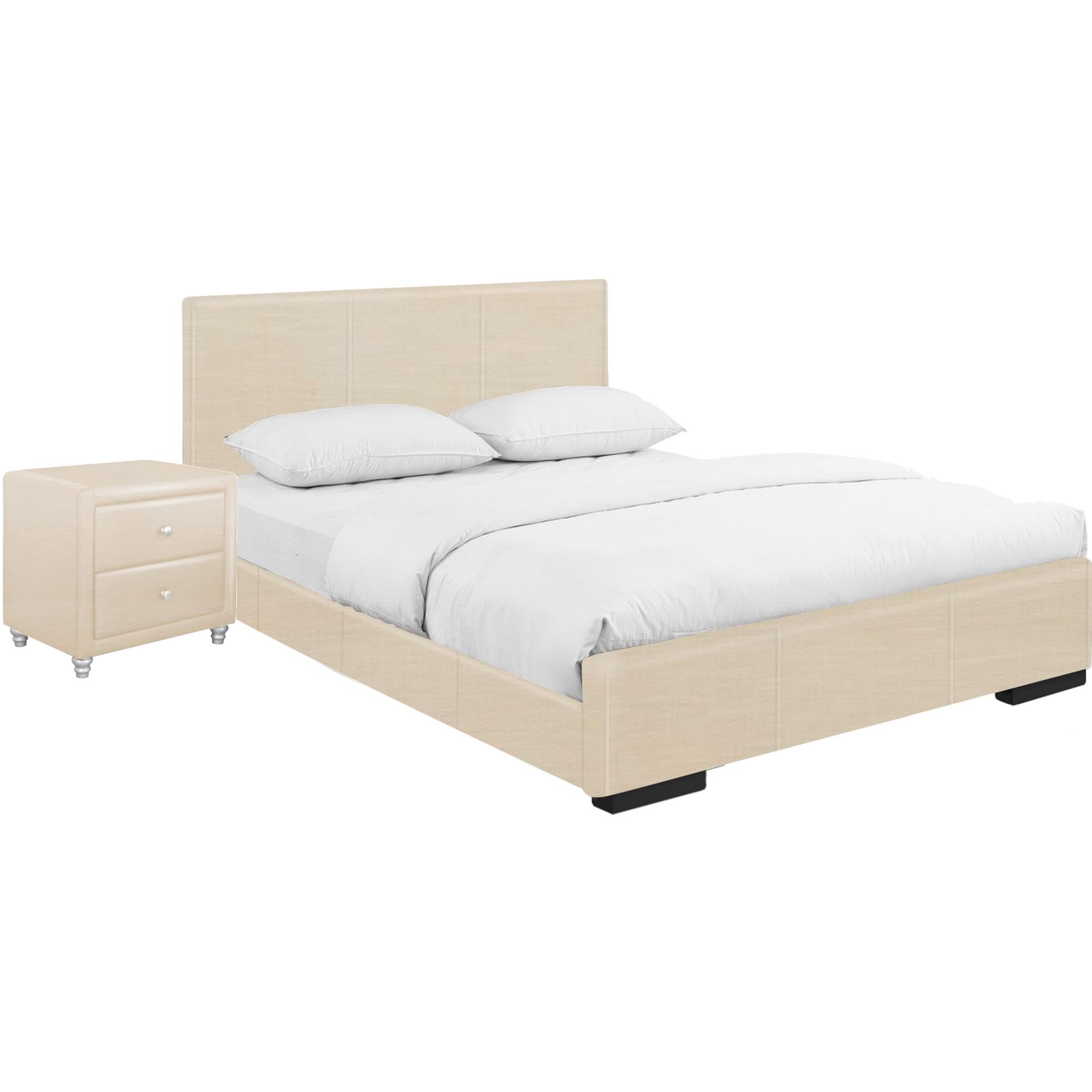 Camden Isle Hindes Upholstered Full Size Platform Bed with Nightstand - Beige Fabric Upholstery - Perfect for Master Bedroom, Guest Room & Small Space Bedroom Decor
