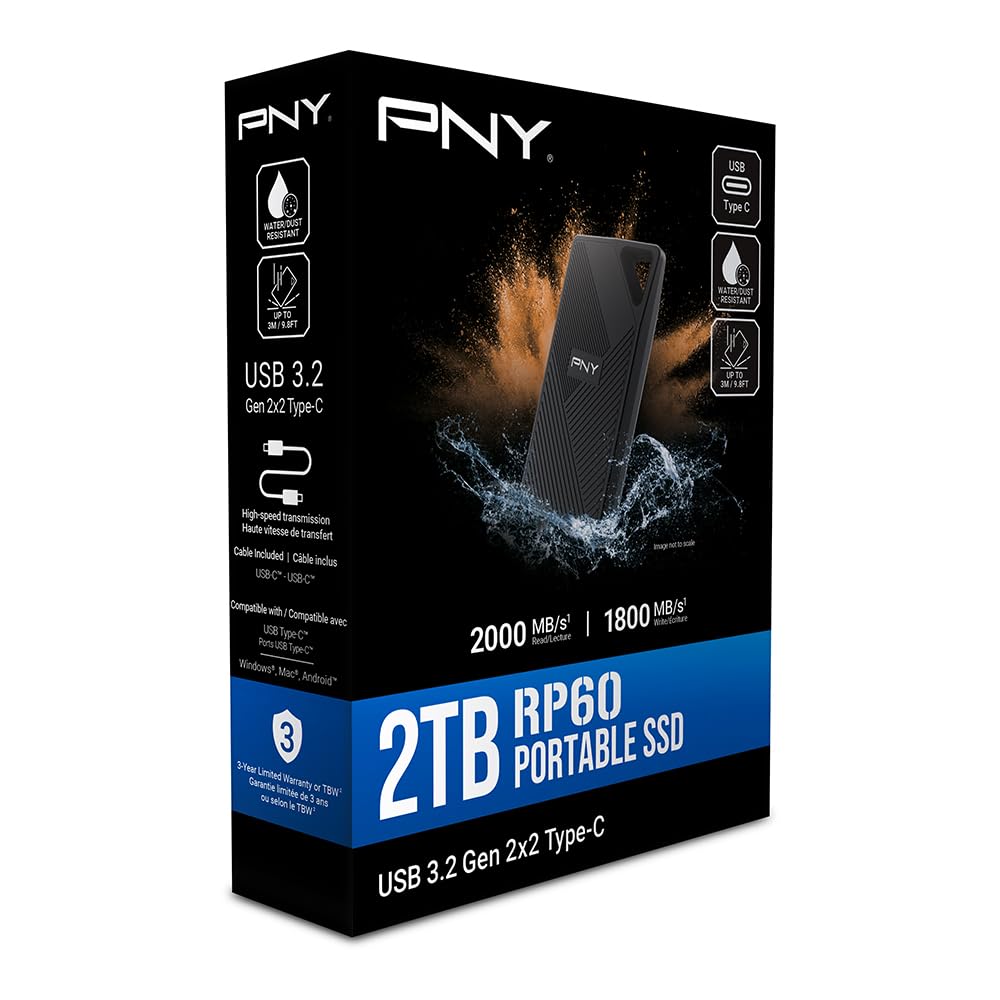 PNY RP60 2TB Portable SSD - Ultra Fast 2000MB/s USB-C 3.2 Gen2x2 External Solid State Drive - IP65 Waterproof Dustproof Shockproof Rugged Design - Perfect for 4K Video Editing, Gaming, Photography & Data Backup