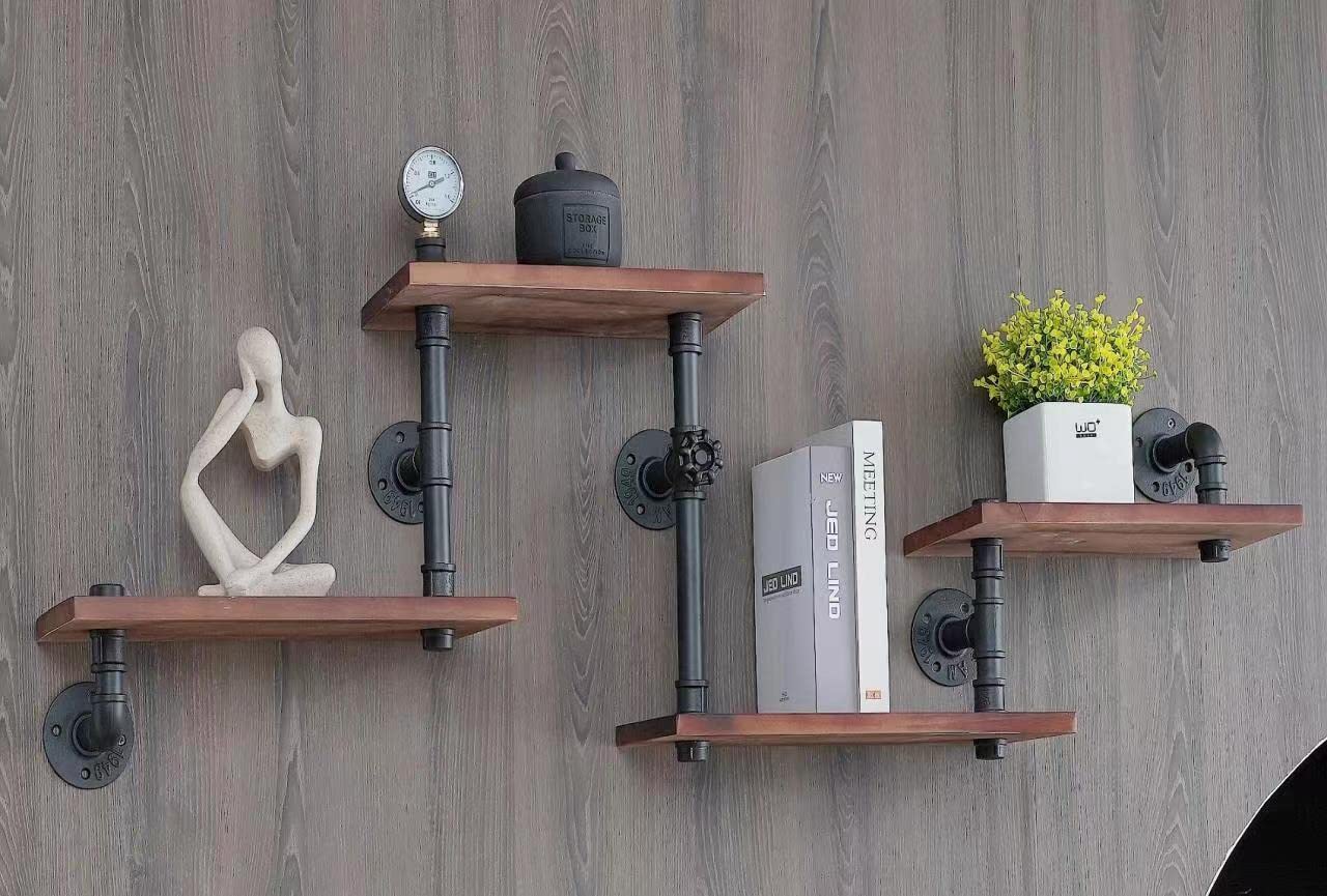 Industrial Rustic Modern Solid Wood Ladder Pipe Wall Mounted Floating Shelves - 4 Tier Bookshelf for DIY Storage, Home Office & Living Room Decor | Space-Saving Wall Shelving for Books, Plants & Display