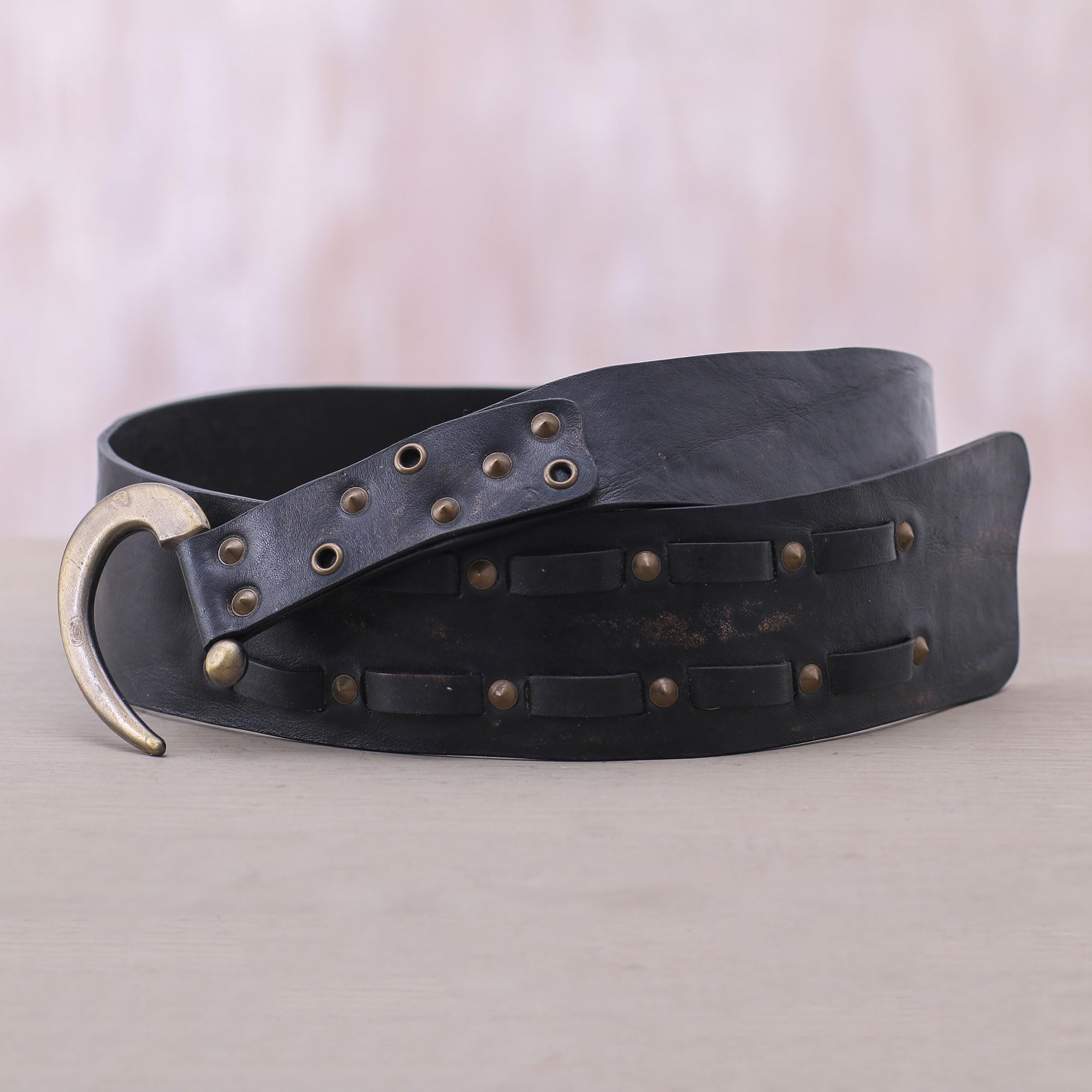 Handmade Leather Belt with Iron Studs & Contemporary Hook - Artisan Crafted in Indonesia - Stylish & Durable for Casual & Formal Wear
