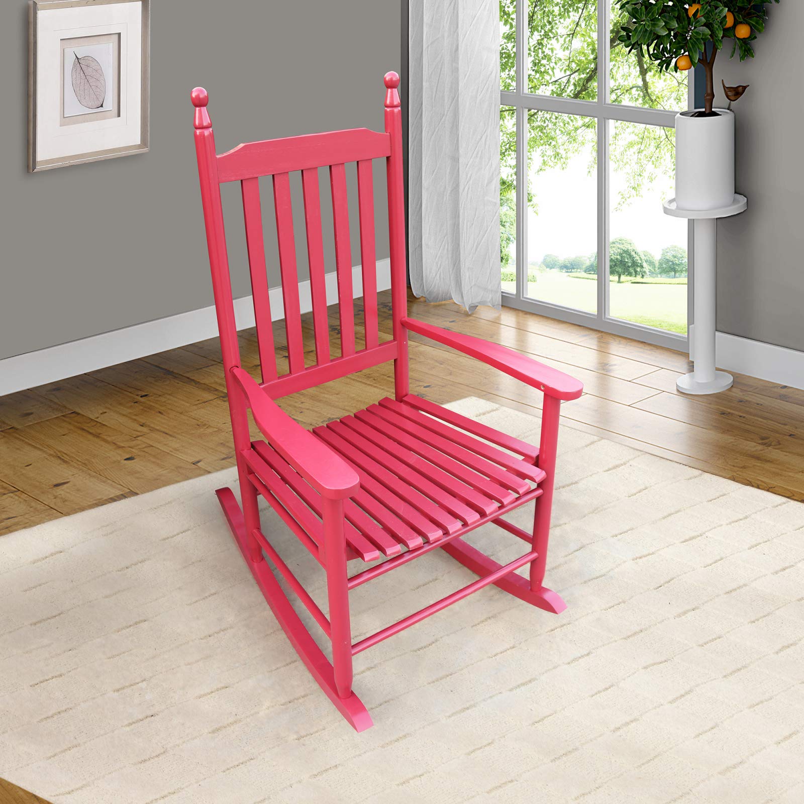Solid Hardwood Wooden Rocking Chair - Wide Seat Comfortable Porch Rocker with Armrests for Indoor, Outdoor, Lawn & Patio Use - Perfect for Relaxation, Nursery, Living Room & Garden (Red)