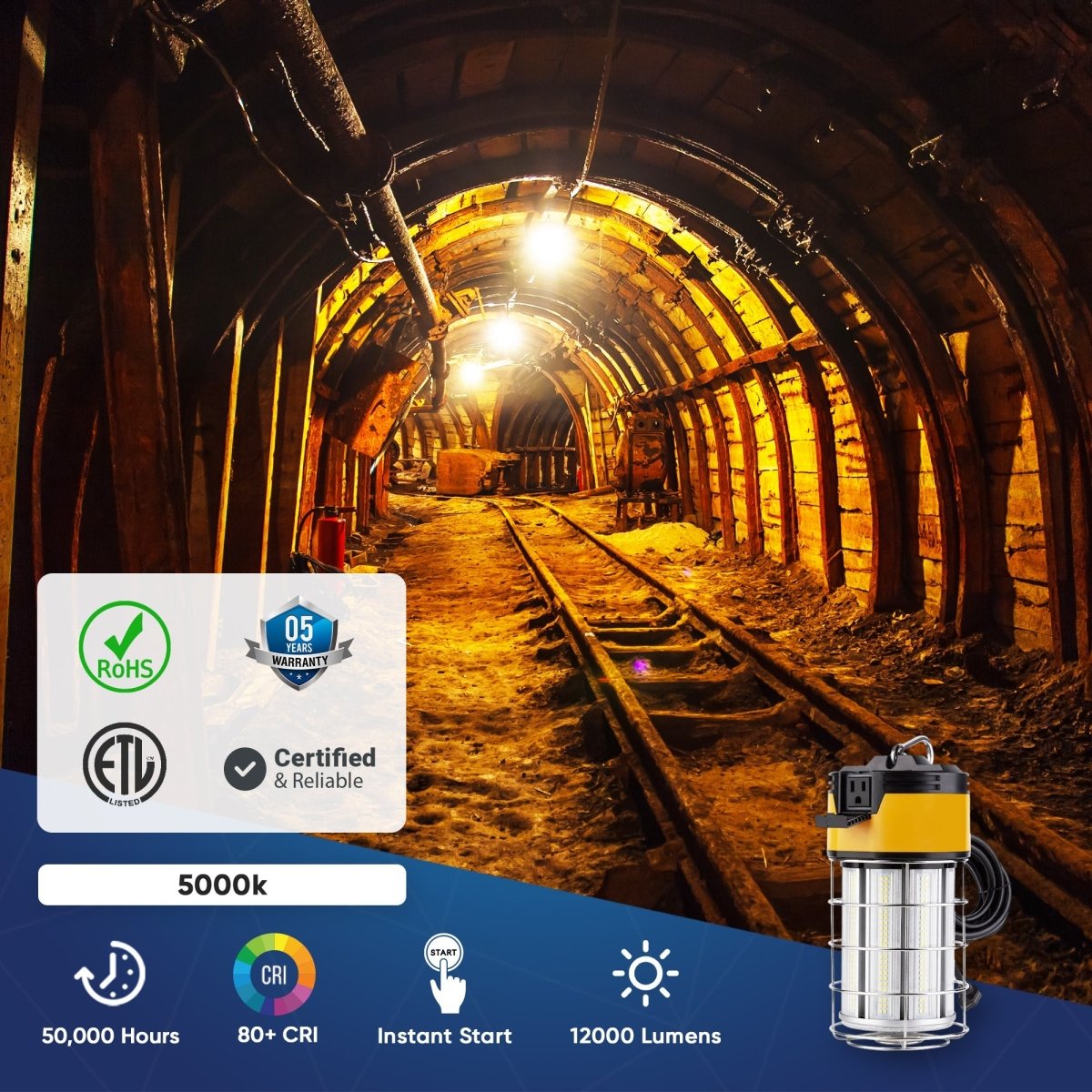 150W LED Work Light Fixture with Cage - 5000K Daylight, 18000 Lumens, IP64 Waterproof - Perfect for Construction Sites, Workshops, and Outdoor Lighting
