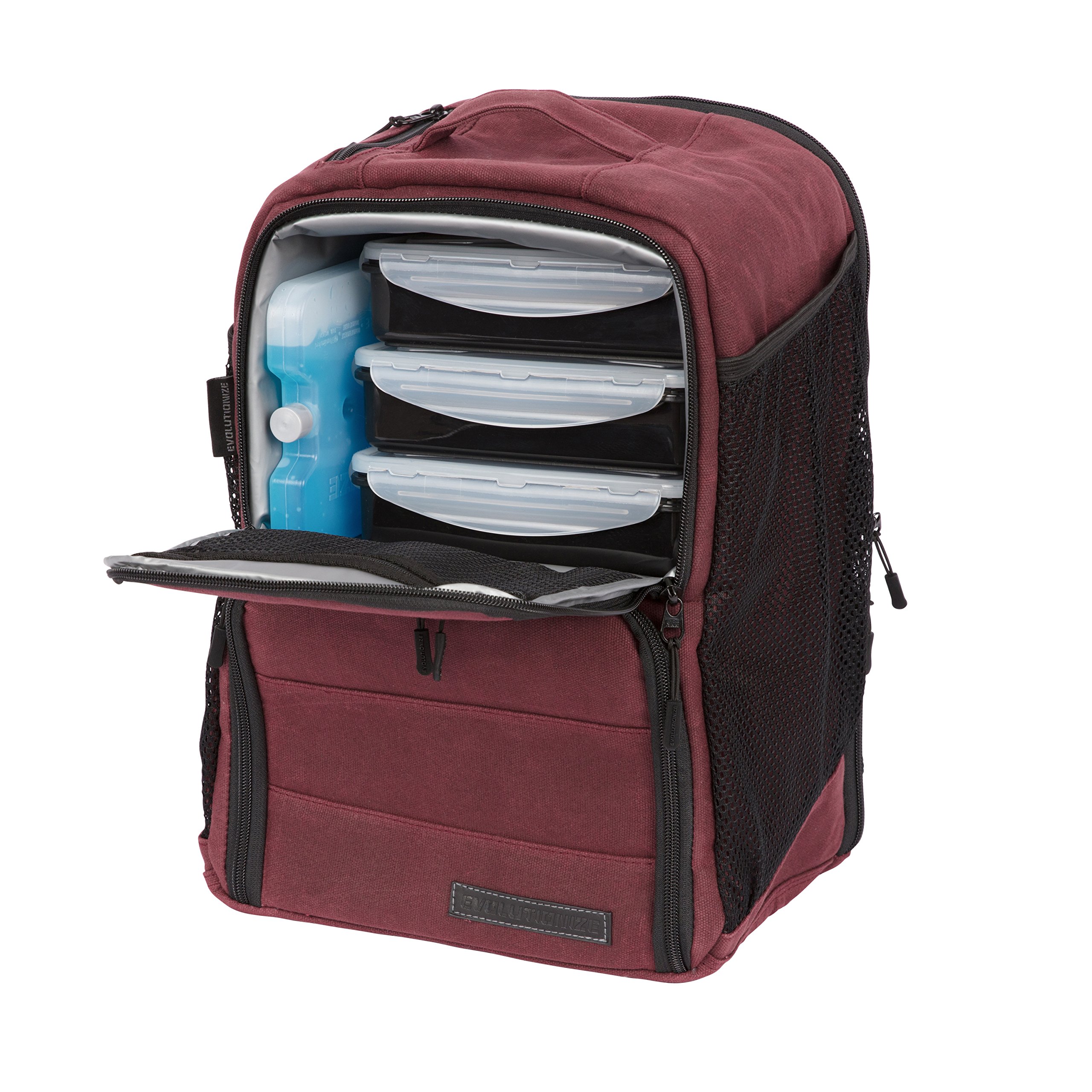 Portion Control Meal Prep Bag with Insulated Cooler & Ice Pack - 3 or 6 Meal Insulated Lunch Box System (Black Backpack or Maroon Waxed Canvas) - Perfect for Office, Gym, Camping & Outdoor Activities