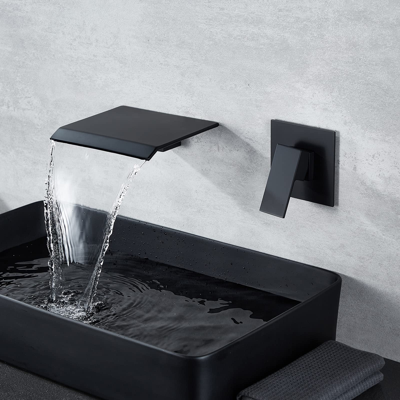 Modern Matte Black Wall Mount Waterfall Bathroom Faucet - Single Handle Wall Mounted Sink Faucet with Upgraded Rough-in Valve | Perfect for Contemporary Bathrooms, Powder Rooms & Spa-Like Showers