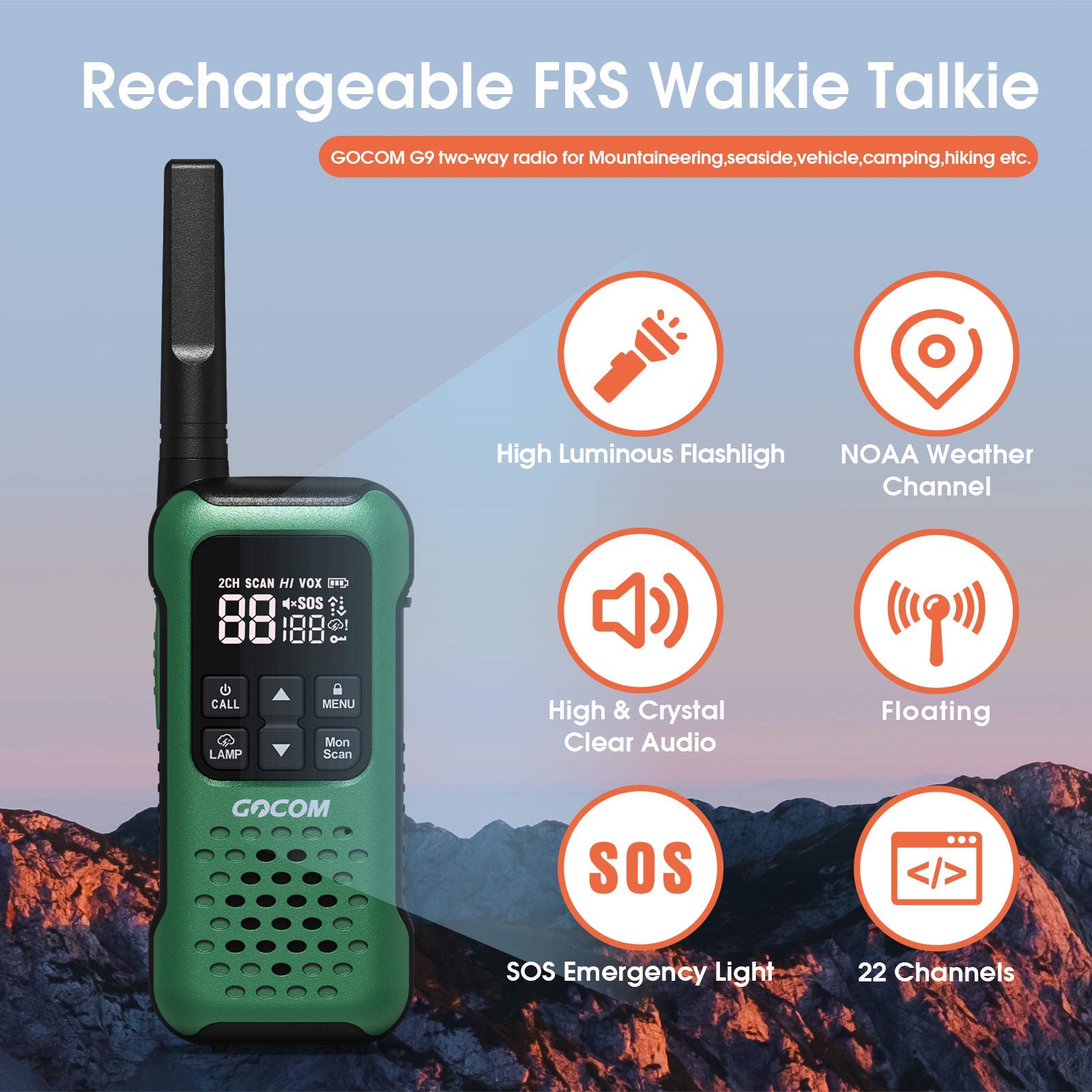 G9 IP67 Waterproof Two-Way Radios - 6 Pack, Long Range Rechargeable Walkie Talkies with NOAA Weather Alert & SOS Emergency Light for Outdoor Adventures, Hiking, Camping, and Emergency Preparedness