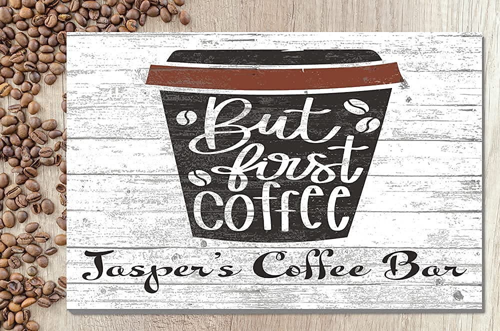 Custom Coffee Sign - Solid Wood 16x10.5 Inch Rustic Wall Decor for Coffee Bar, Kitchen & Office - Perfect Housewarming Gift with 'But First Coffee' Design - Ideal for Home Décor, Café Style & Gift Giving