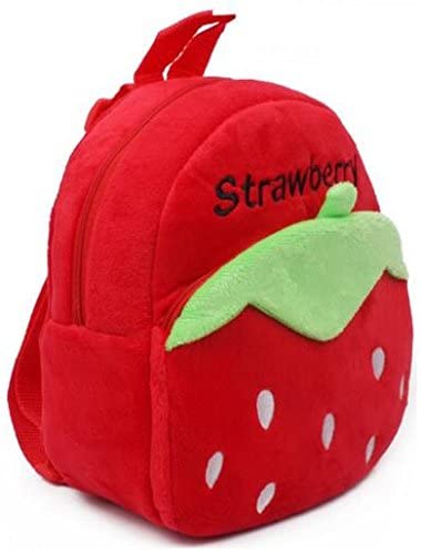 Cartoon Character Kids Soft Plush Fabric School Backpack for Boys & Girls - Cute Strawberry Design | Perfect for Preschool, Kindergarten & Elementary School
