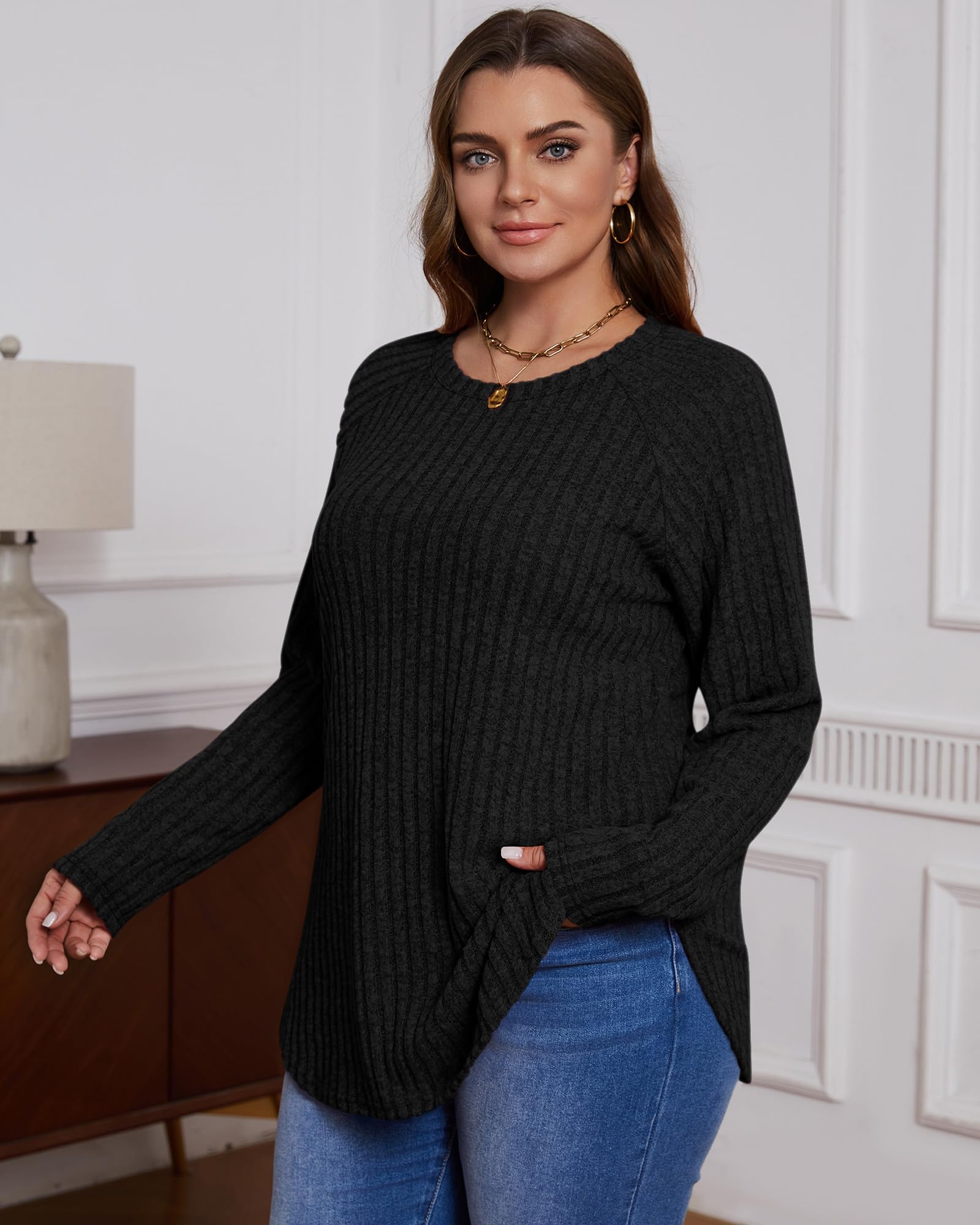 Ficerd 3 Pack Plus Size Tunic Tops for Women - Long Sleeve Crew Neck Pullover Sweaters with Curved Hem & Side Split | Casual Office Wear, Layering Essentials & Fall Fashion Outfits