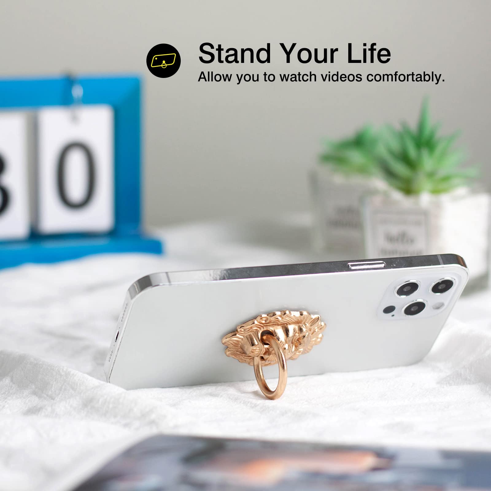 2 Pack Lion Head Cell Phone Ring Holder Stand - Polished Metal Phone Grip & Kickstand for iPhone, Samsung, Smartphones - Gold (Perfect for Selfies, Watching Videos & Secure Grip)