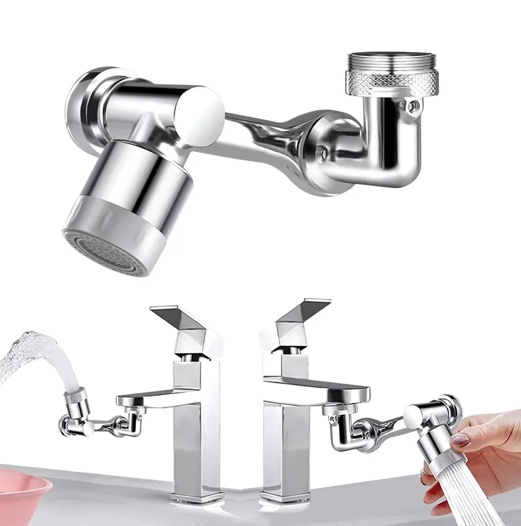 1080 Degree Premium Universal Swivel Faucet Extender - Rotatable Robotic Arm Attachment for Kitchen & Bathroom Sinks - Brass Modern Design - Essential Home Upgrade (Perfect for Washing Dishes, Filling Pots & Handwashing)