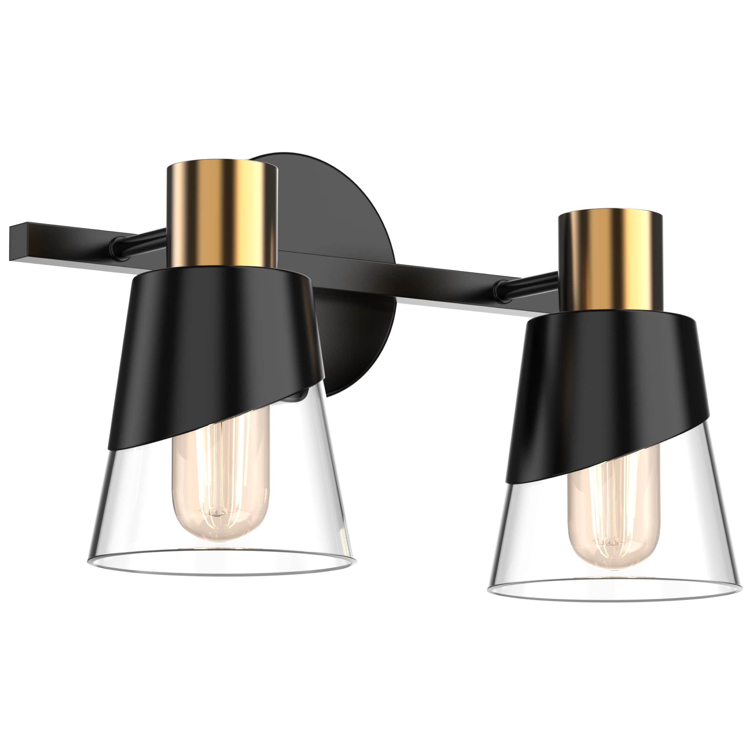 Vintage Black and Gold Bathroom Vanity Light Fixture - 13 Inch Over Mirror Lighting with Beveled Edge & Clear Glass Shade - Wall Sconce (2 Lights) for Elegant Bathroom, Powder Room or Dressing Area Makeup Lighting