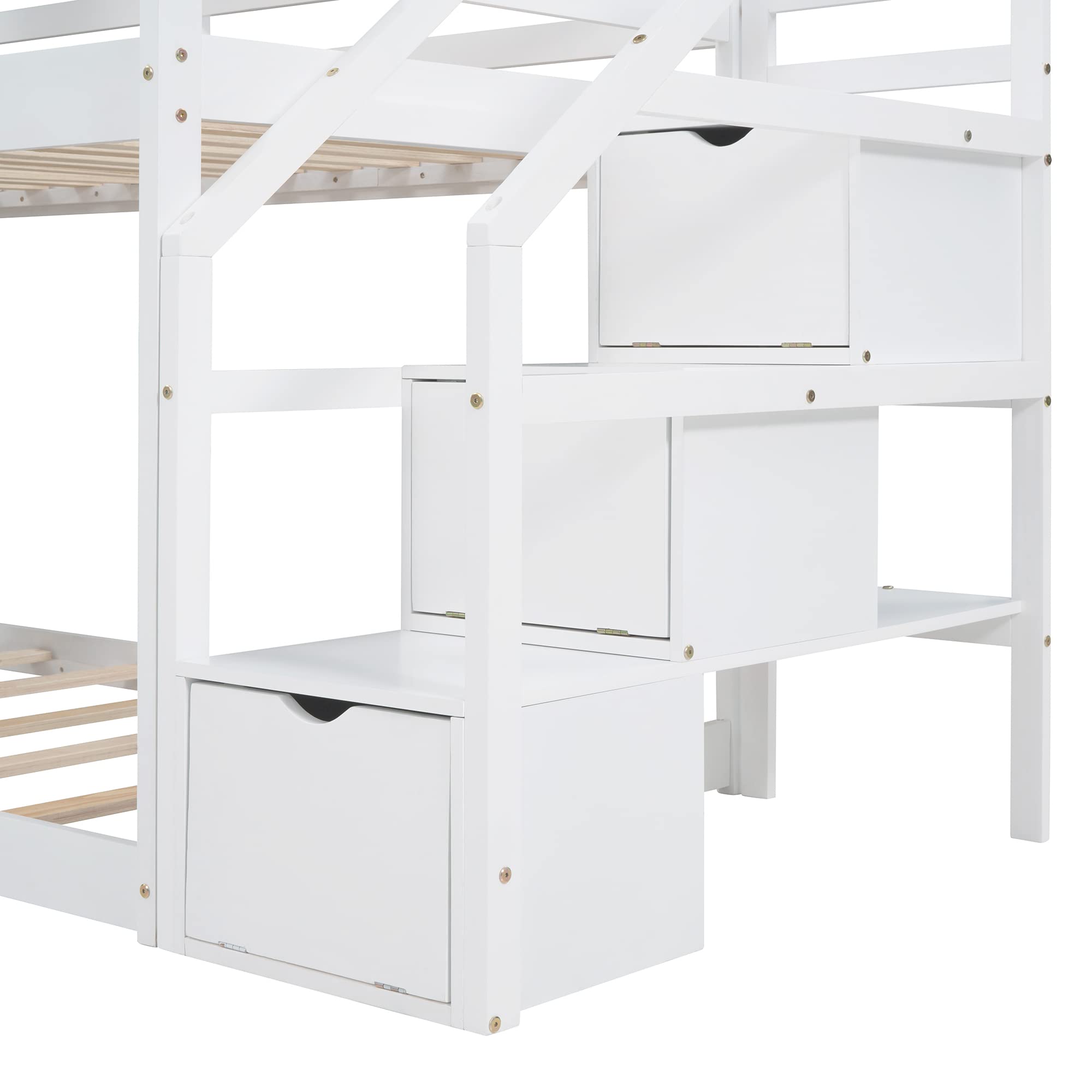 Polibi Twin Over Twin Wooden Bunk Bed with Storage Stairs, Roof, Window, Ladder & Guardrails - Space Saving Kids Bedroom Furniture for Small Rooms (White) - Perfect for Shared Kids' Rooms, Sleepovers and Vacation Homes