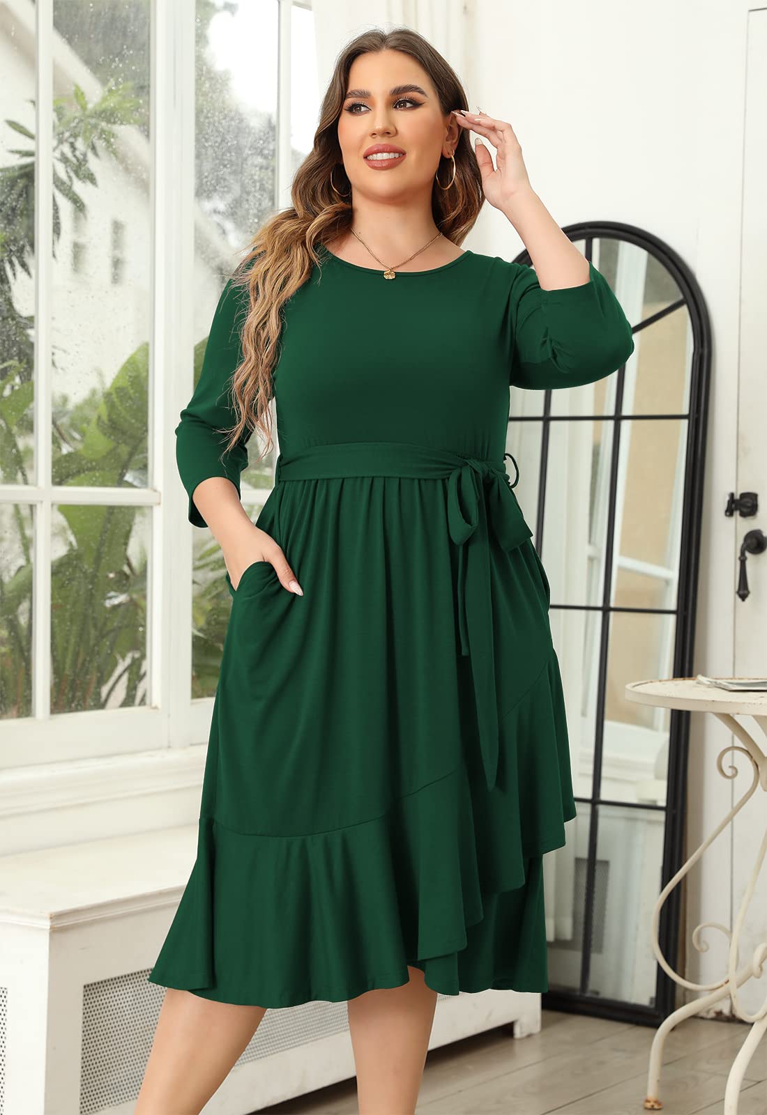 Plus Size Women's Spring Cocktail Dress with Empire Waist & Pockets - Elegant Midi Dress for Holiday Parties, Weddings & Special Occasions