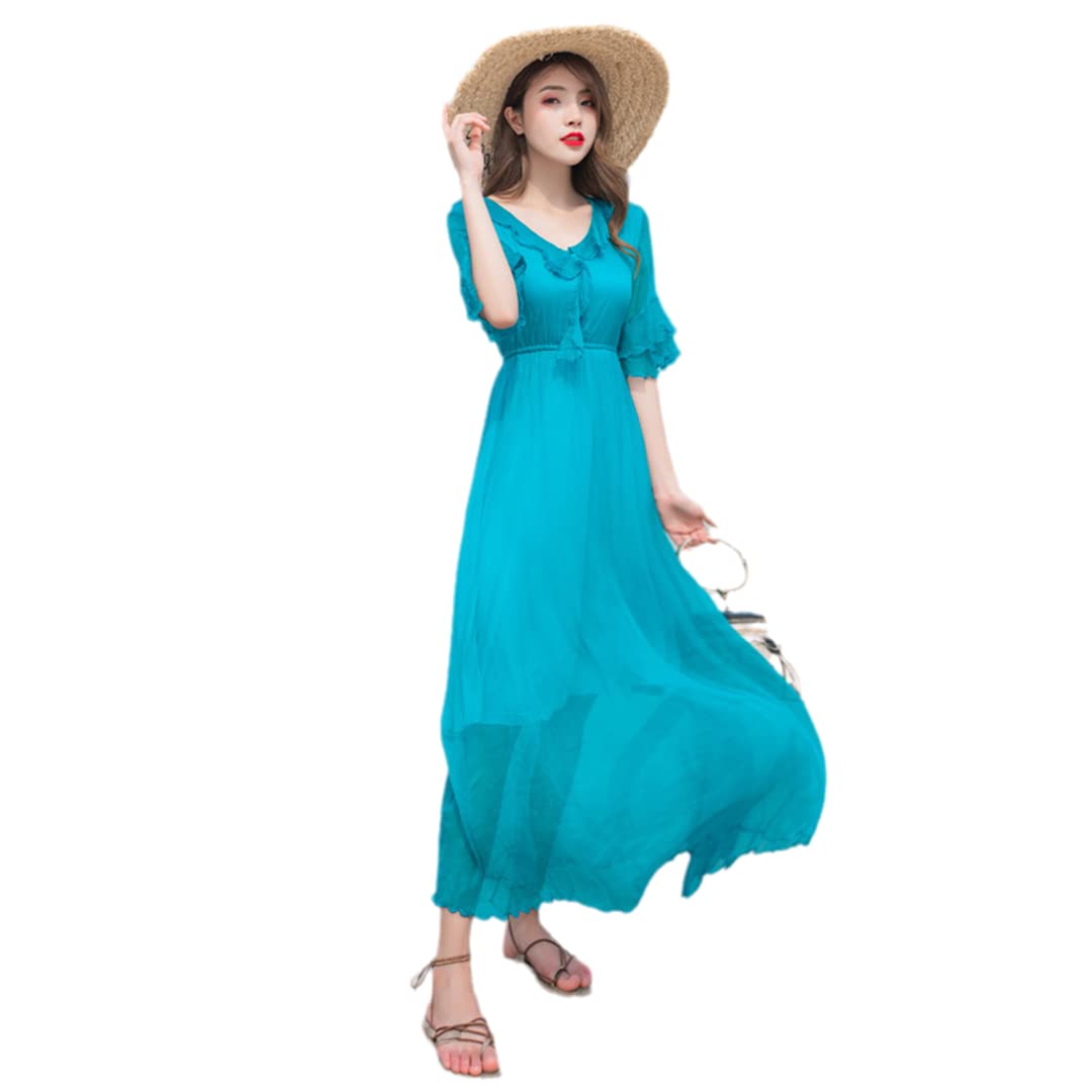100% Pure Silk Summer Dress for Women - Deep V-Neck Solid Color Long Beach Dress in Blue | Elegant Evening Wear & Vacation Outfit