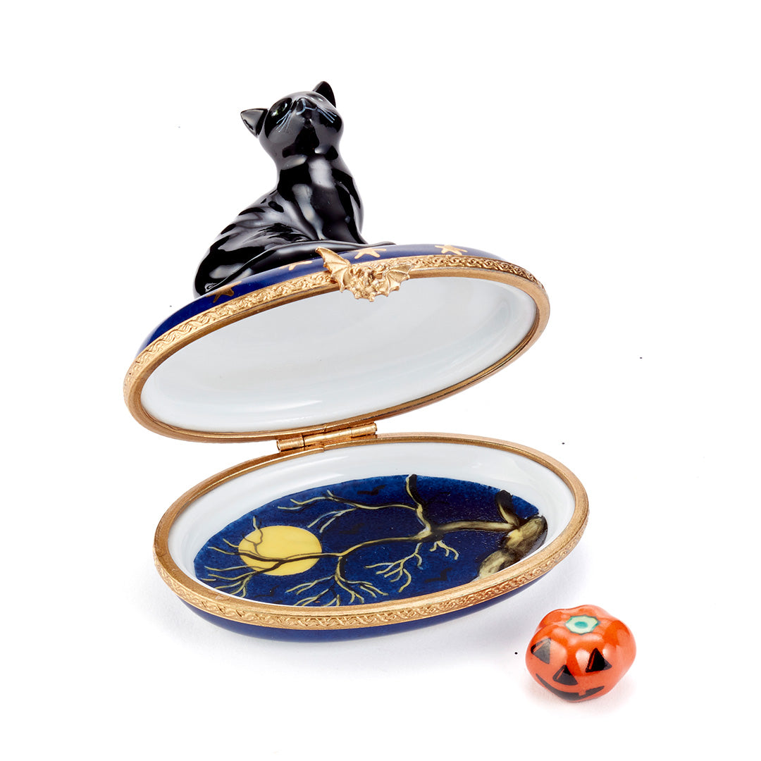 Black Cat Limoges Porcelain Box - Hand-Painted Collectible Trinket Jewelry Box - Perfect for Gifts, Home Decor & Valentine's Day