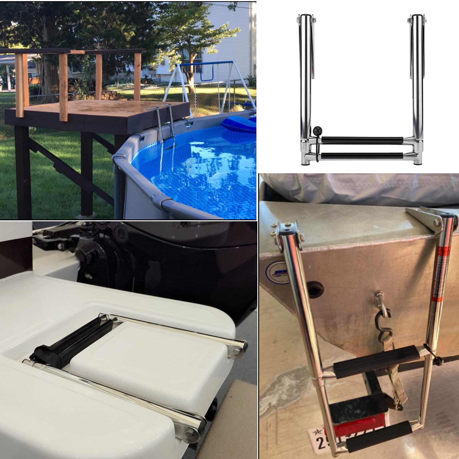 Amarine Made 2-Step Folding Boat Ladder | Stainless Steel Telescoping Dock Ladder for Pontoon Boats, Marine, Swimming Pools & Lakes | Perfect for Easy Water Access & Swimming Activities