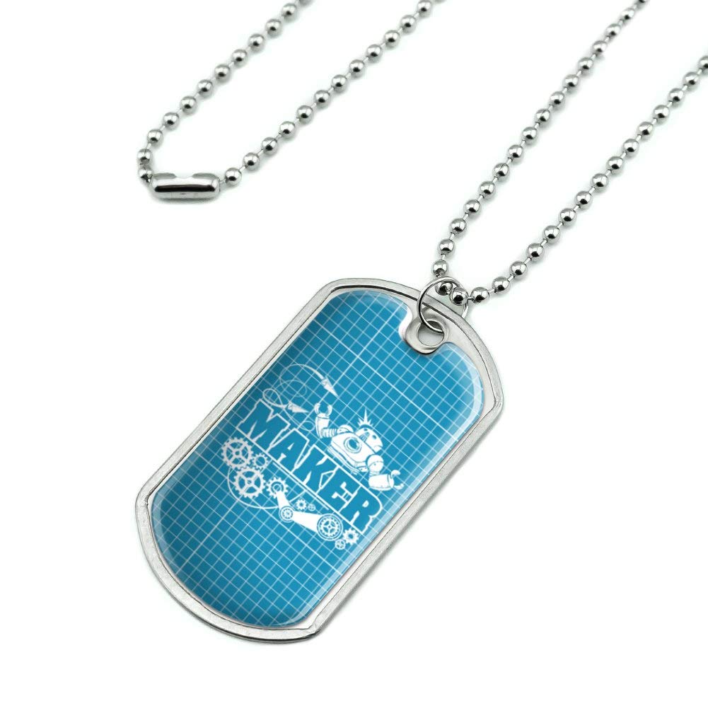 Custom Military Dog Tag Pendant Necklace with Robot & Gear Blueprint Design - Personalized Engraved Metal Chain for Men - Perfect for Military Enthusiasts, Engineers & Sci-Fi Fans