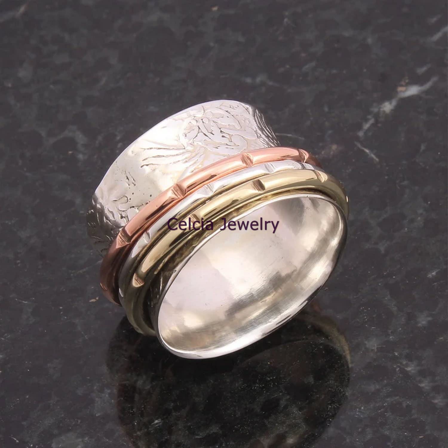 Spinner Ring for Women - Stress Relief & Meditation Spinning Ring, Wedding & Promise Proposal Ring, Stackable Three-Tone Ring, Beautiful Mother's Day Gift (US Size 7) - Perfect for Anxiety Relief, Mindfulness Practice & Special Occasions