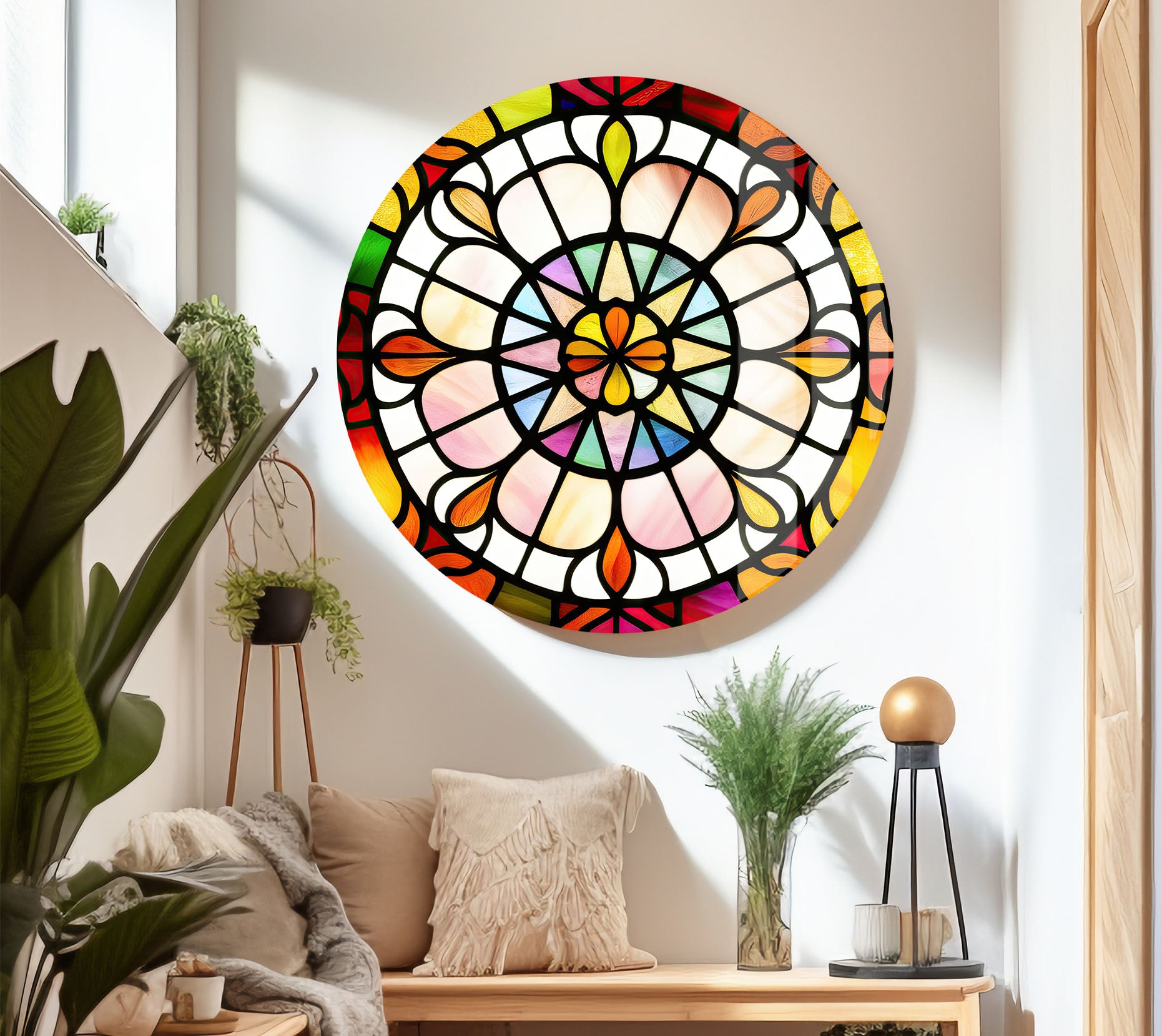 Vibrant Stained Glass Wall Art - Handcrafted Rose Window Design for Home Decor, Church & Wedding Venue