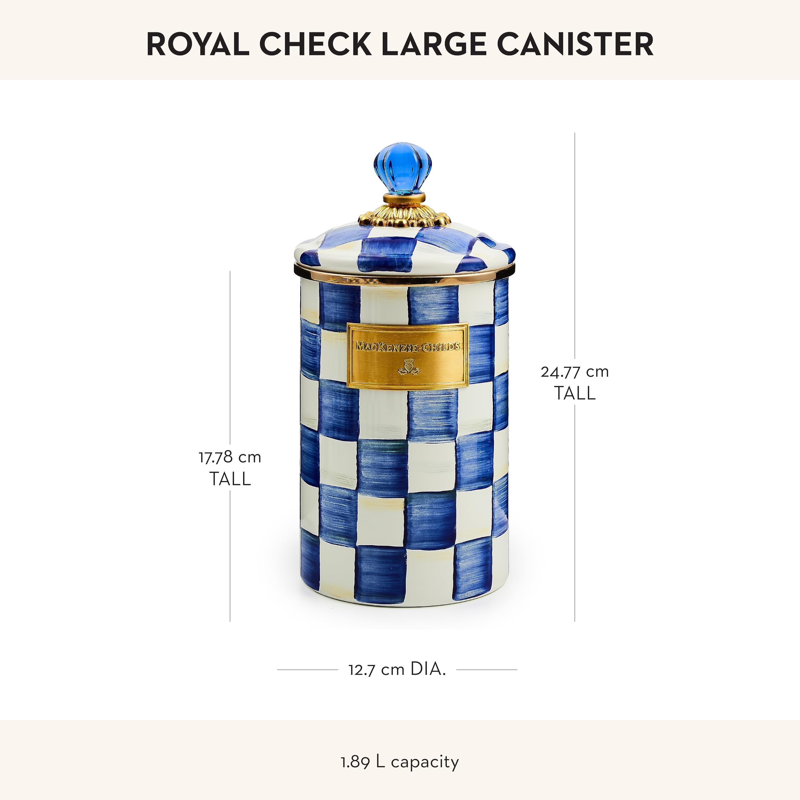 MACKENZIE-CHILDS Large Enamel Canister - 1.89L Kitchen Storage Container for Flour, Sugar & Dry Goods - Blue & White Royal Check Design - Perfect for Pantry Organization & Farmhouse Decor