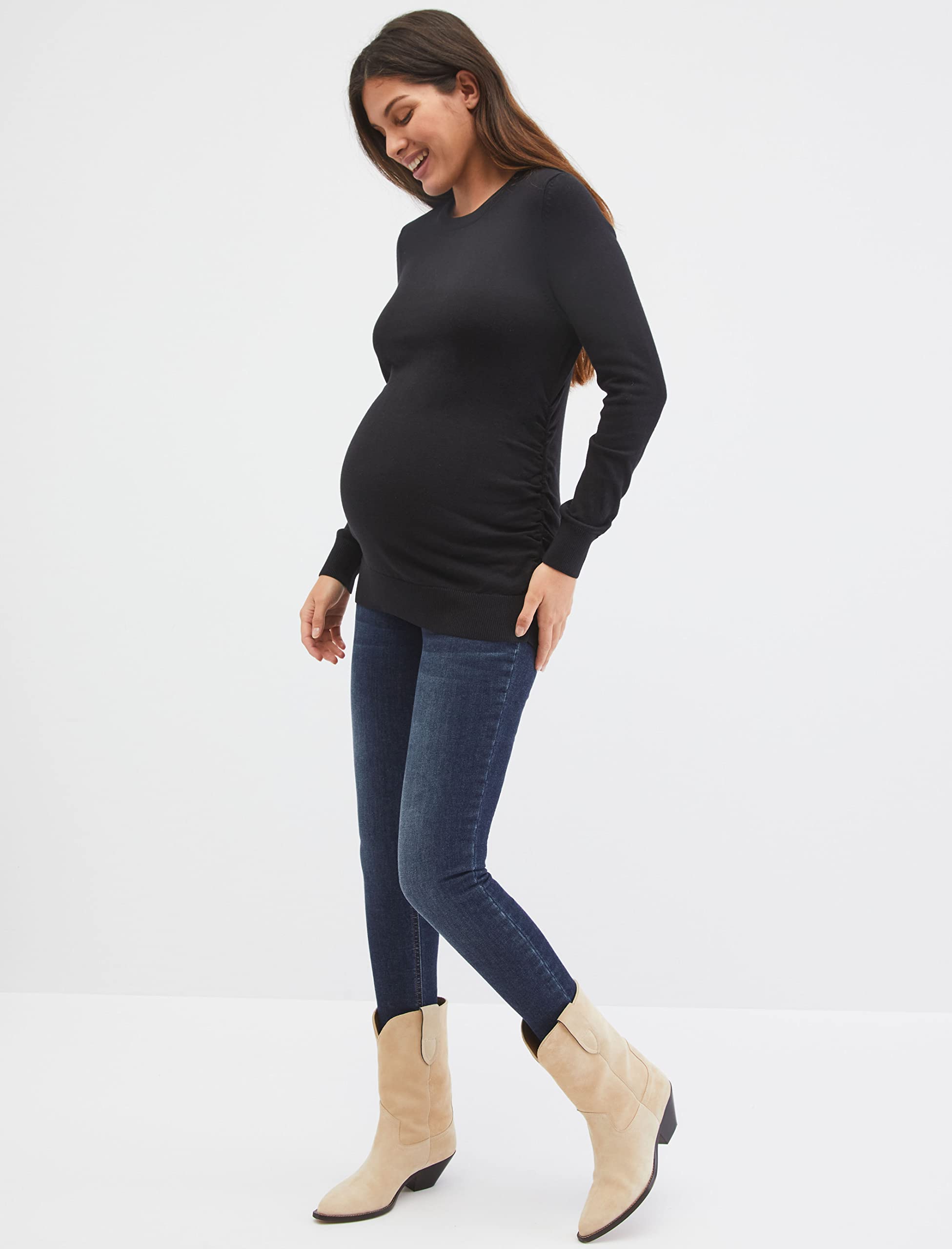 Motherhood Maternity Women's Classic Crew Neck Solid Maternity Sweater - Soft Stretchy Pregnancy Knit Top for Comfortable Everyday Wear