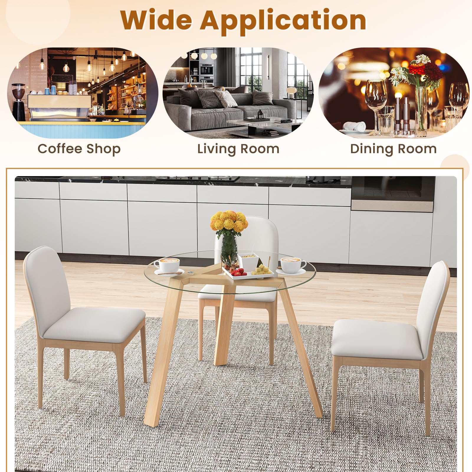 GOFLAME 36” Round Glass Dining Table for 4, Modern Kitchen Table with Tempered Glass Top & Rubber Wood Legs, Compact Coffee Table for Small Spaces, Perfect for Living Room, Dining Area, and Breakfast Nook