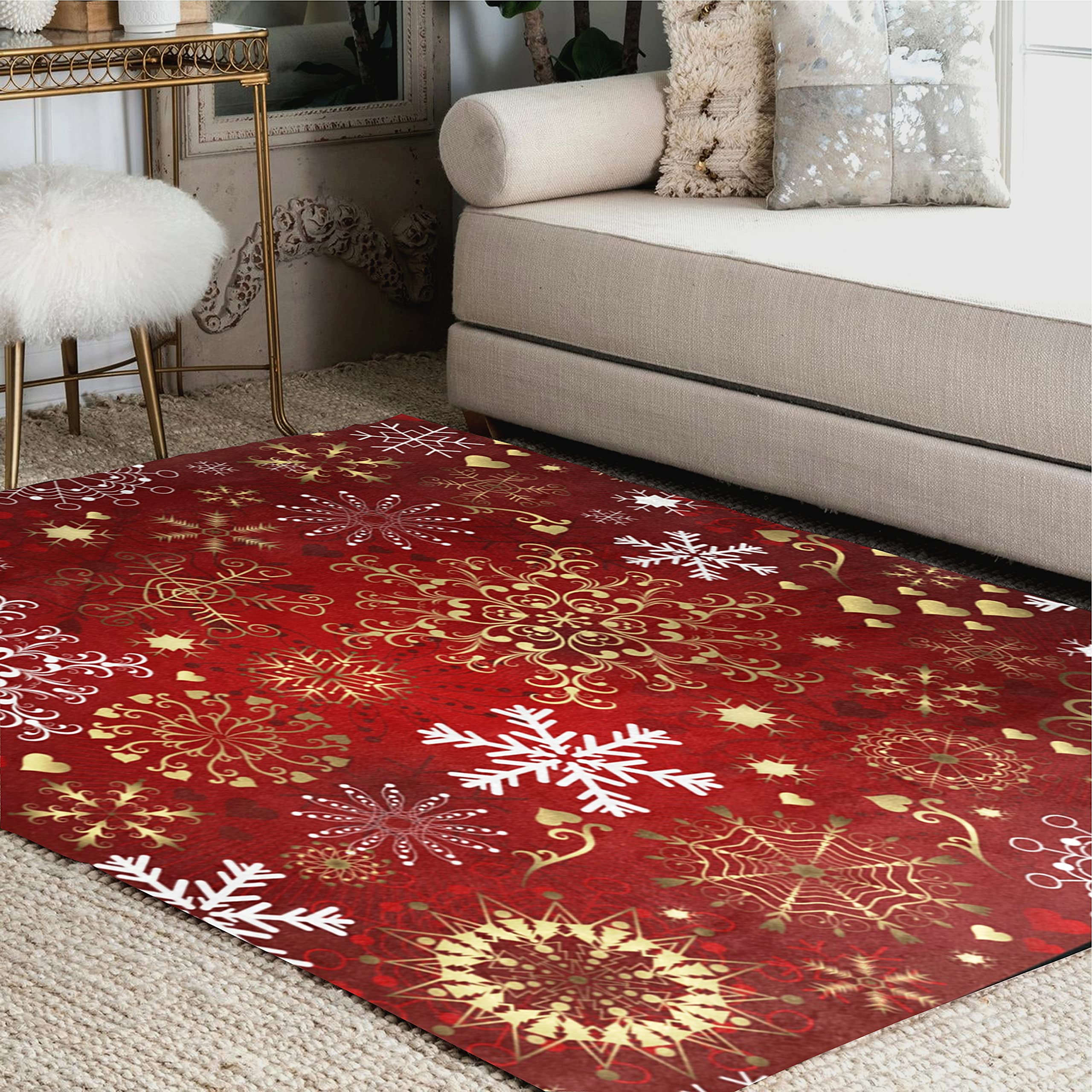 ALAZA Christmas Red Gold White Snowflake Winter Area Rug 5'3