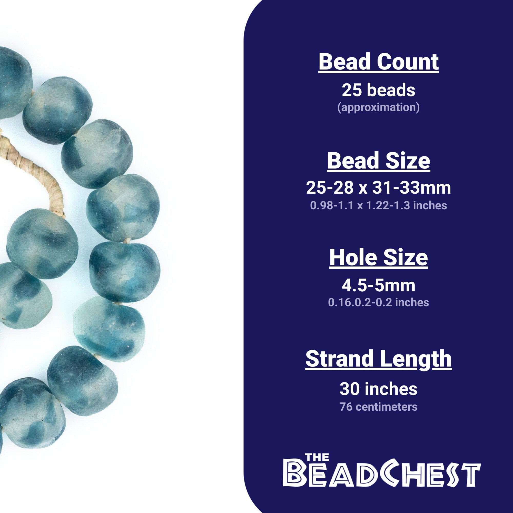 Super Jumbo Recycled Glass Beads 32-35mm - Extra Large African Sea Glass Beads for Beaded Wall Hangings & DIY Jewelry Making - Blue Wave Marine by The Bead Chest - Perfect for Home Decor, Bohemian Style, and Beach Theme Crafts