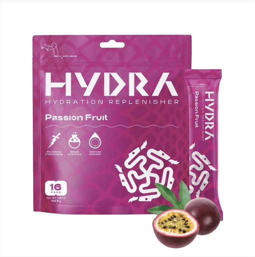 Hydra Powder Electrolyte Powder Packets - Sports Hydration Drink Mix with Vitamins & Electrolytes - Low Sugar Passionfruit Flavor (16 Packets) - Perfect for Workout Recovery, Travel & Outdoor Activities