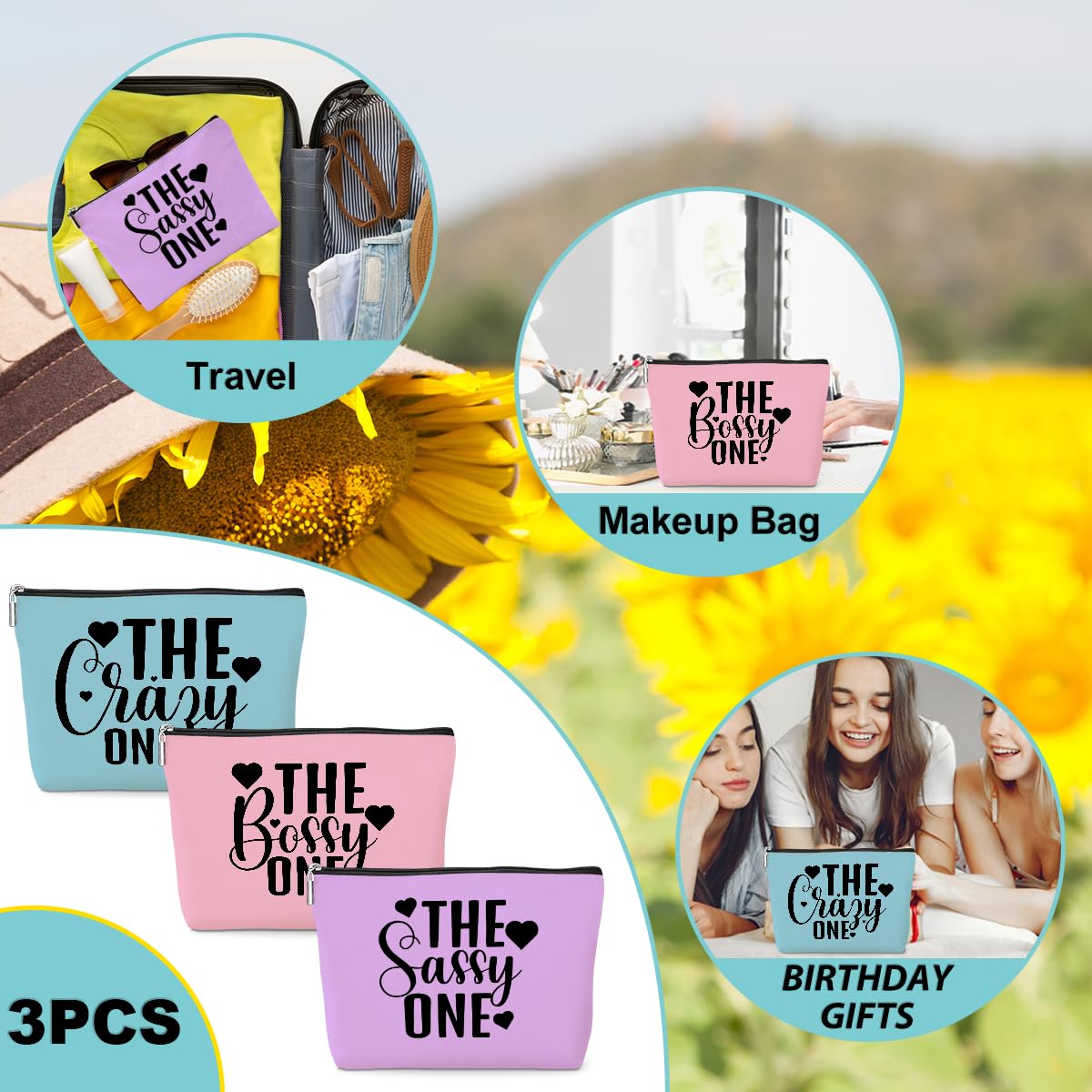 3 Pcs Funny Girls Trip Makeup Bags - Cute Cosmetic Bags for Women, Bestie Friendship Gifts for Birthday, Christmas, Bachelorette Party & Wedding - Perfect for Travel, Vacation & Weekend Getaways with Friends