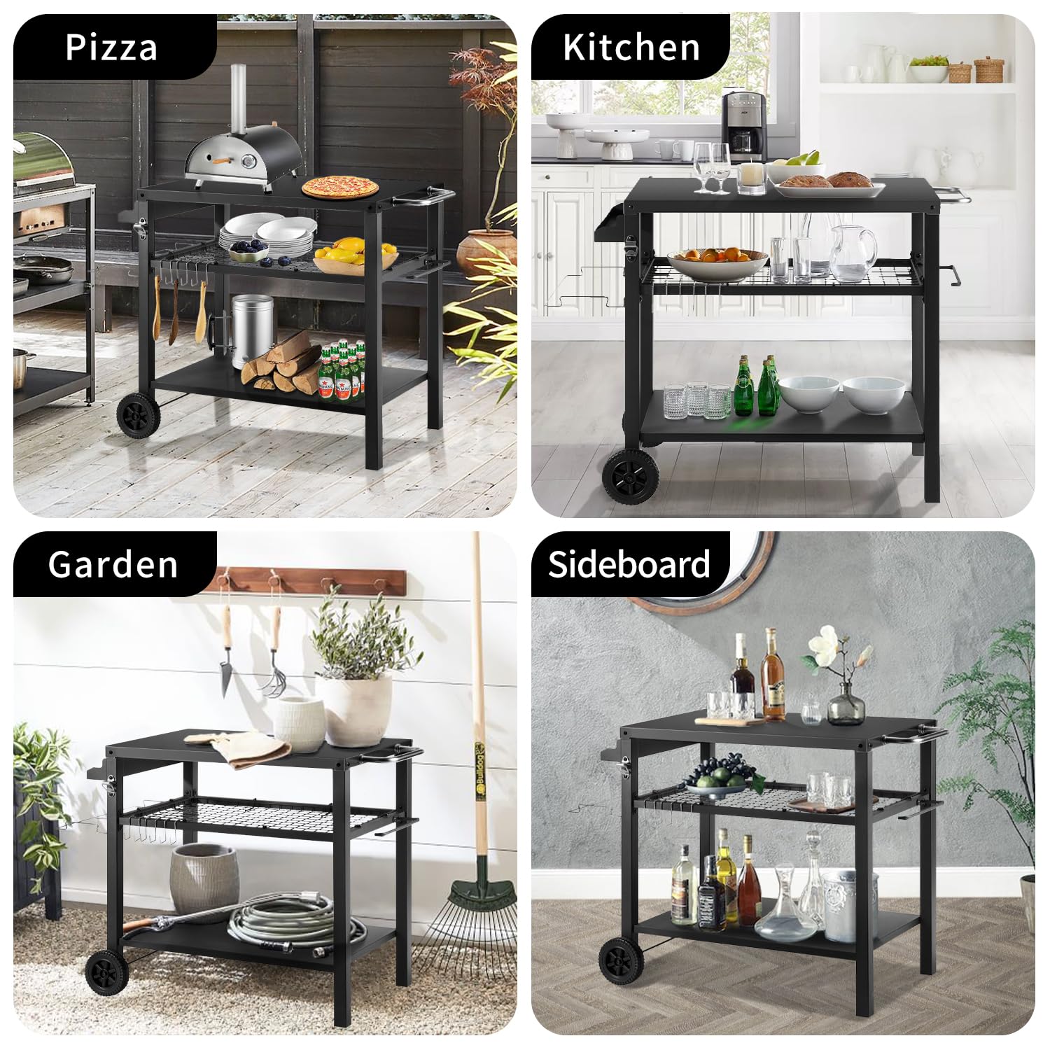 3-Tier Rolling Kitchen Cart - Portable Outdoor BBQ Grill Table with Pizza Oven Stand & Hooks - Multi-Functional Food Prep Station for Indoor/Outdoor Use - Perfect for Patio Cooking, Backyard Parties & Small Space Kitchens (Black)