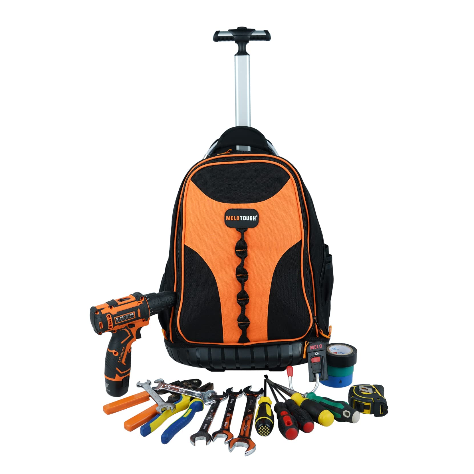 Heavy Duty Rolling Tool Backpack with 37 Pockets - Water Resistant Wheeled Tradesman Pro Organizer Bag, Large Interior Storage (Orange) - Perfect for Construction Sites, HVAC Work & Mobile Technicians