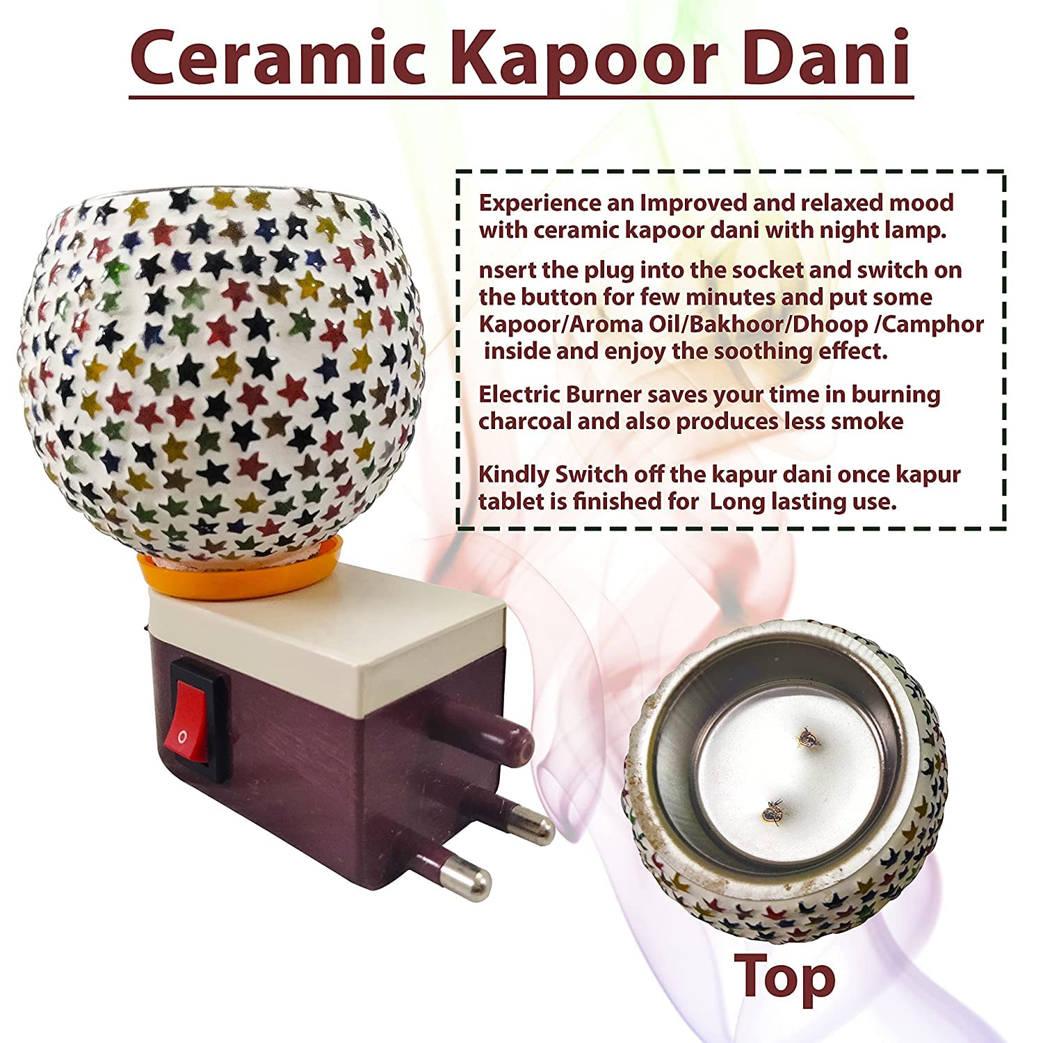 Premium Starvis Kapur Dani Electric Camphor Diffuser - Glass Aroma Oil Burner with On/Off Switch for Home, Office & Meditation - Multi-Design (Pack of 1) | Perfect for Aromatherapy, Relaxation & Spiritual Ceremonies