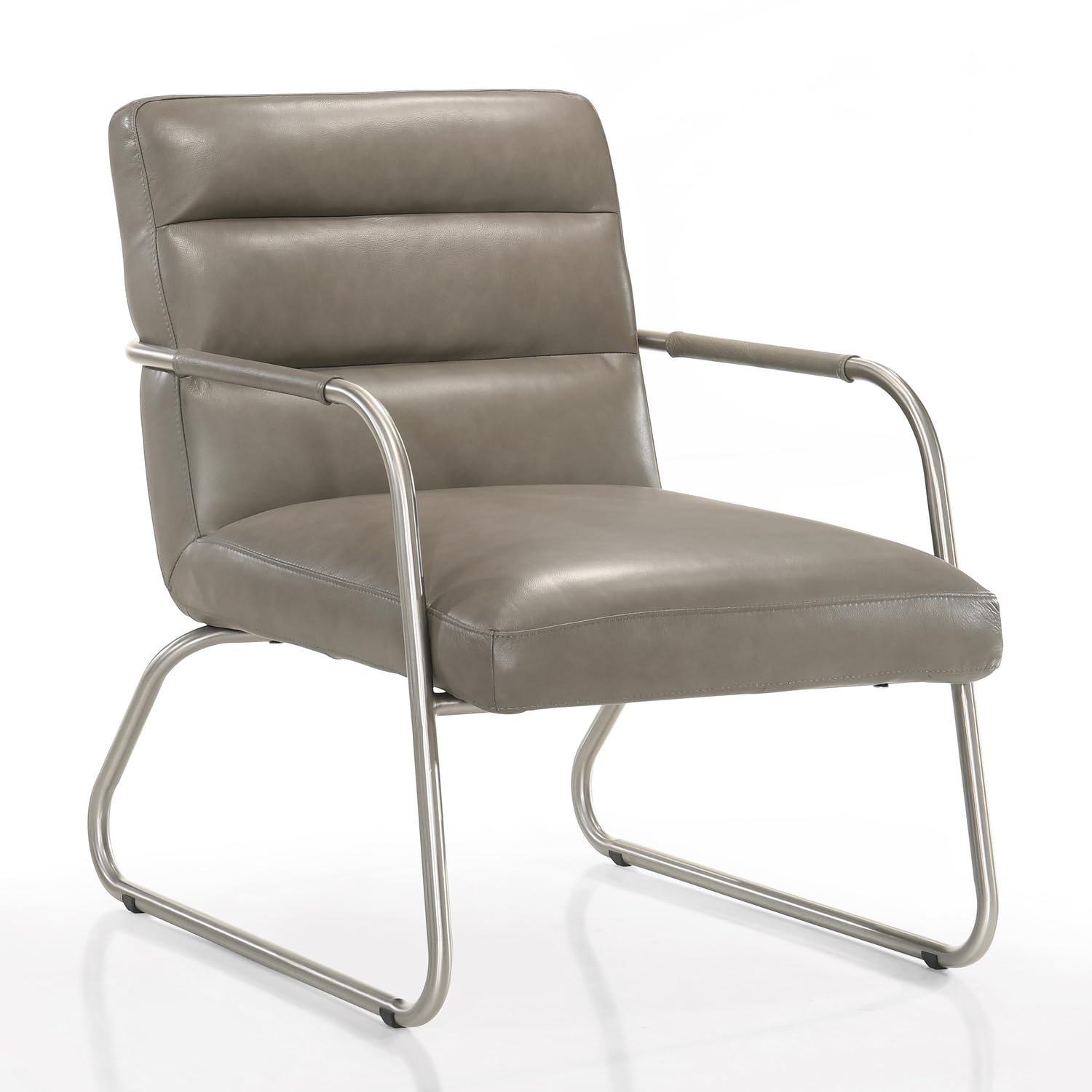 Premium Spencer Stainless Steel & Grey Leather Lounge Accent Chair - Modern Living Room Furniture for Home Office, Reading Nook & Relaxation