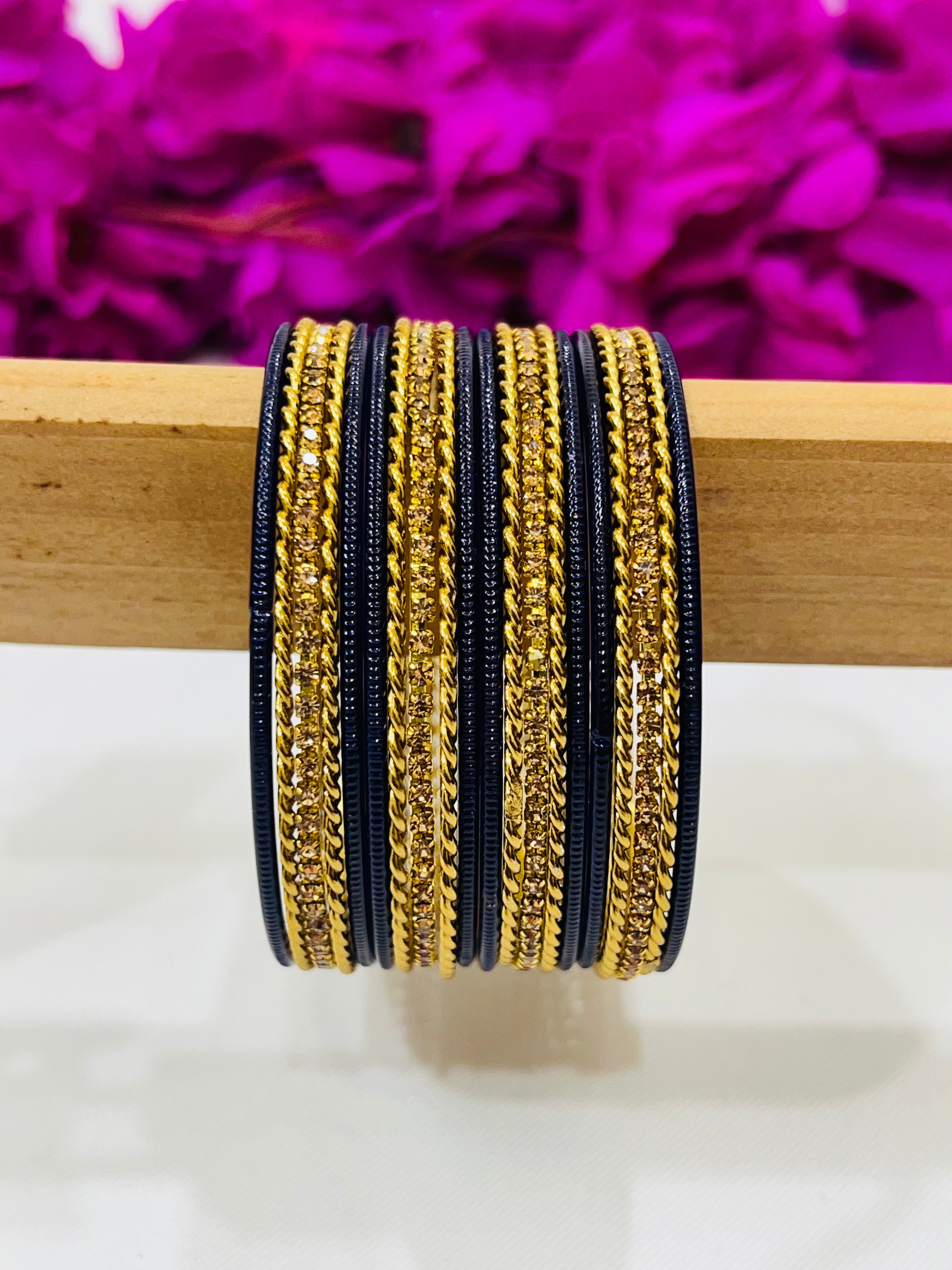 Exquisite Navy Blue Metal Bangles with Golden Stone for Women - Elegant Jewelry for Parties, Weddings & Everyday Wear