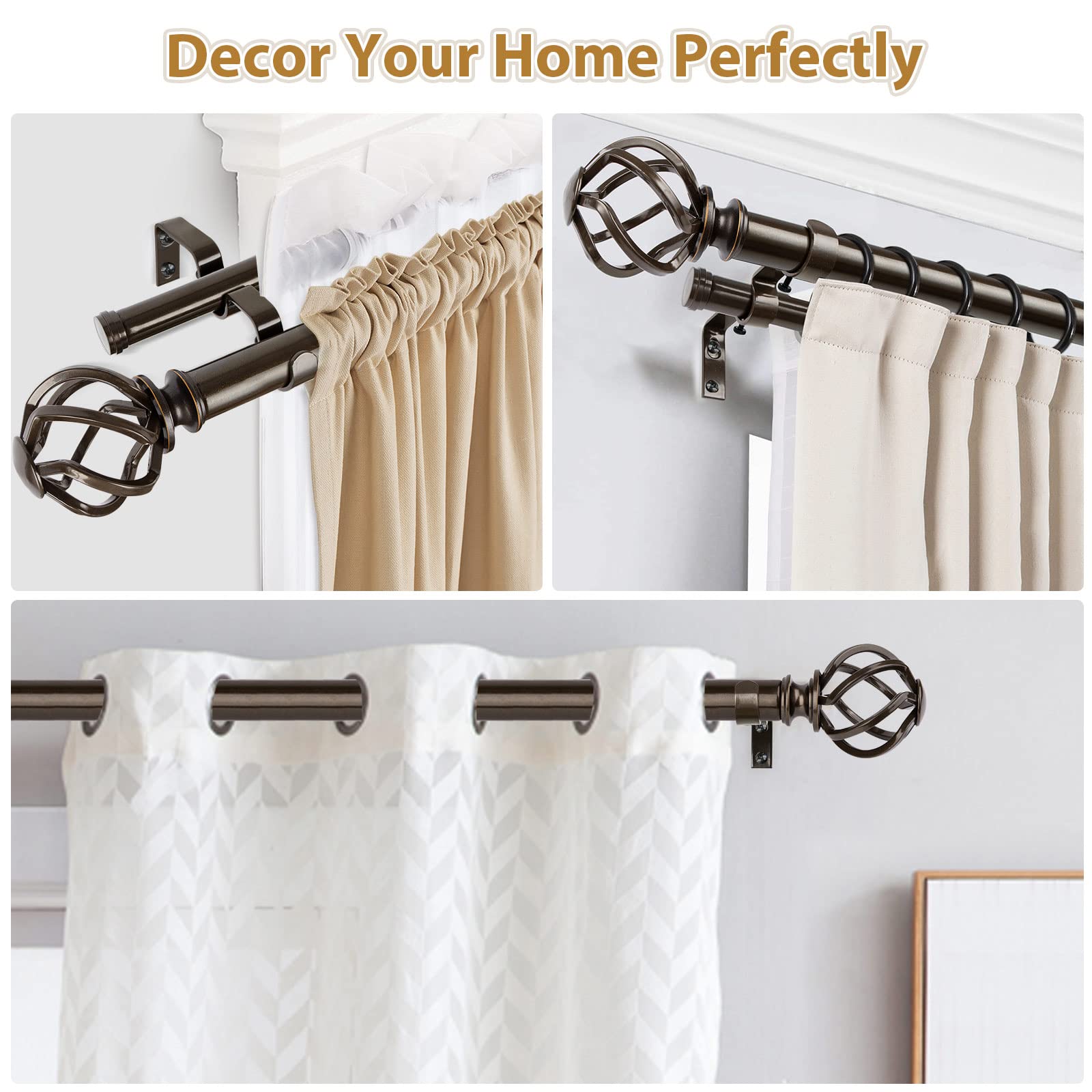 KAMANINA 1 Inch Double Curtain Rods 36-72 Inches Adjustable Telescoping Drapery Rod, Heavy Duty Antique Bronze Window Curtain Rod for 24-68 Inch Windows with Twisted Cage Finials - Perfect for Living Room, Bedroom & Home Decor