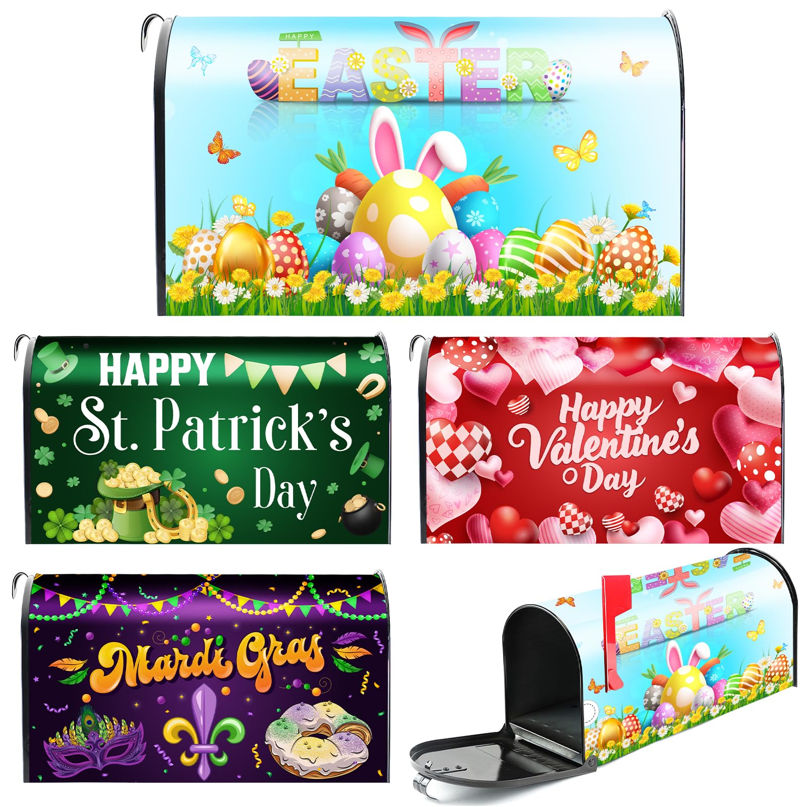 4 Pack Magnetic Mailbox Covers for Easter, Mardi Gras, Valentine's Day & St. Patrick's Day - Standard Size 18x21 Inch - Decorative Post Letter Box Wraps for Garden, Yard, Home & Outdoor Decor - Perfect for Seasonal Celebrations and Holiday Themed Parties