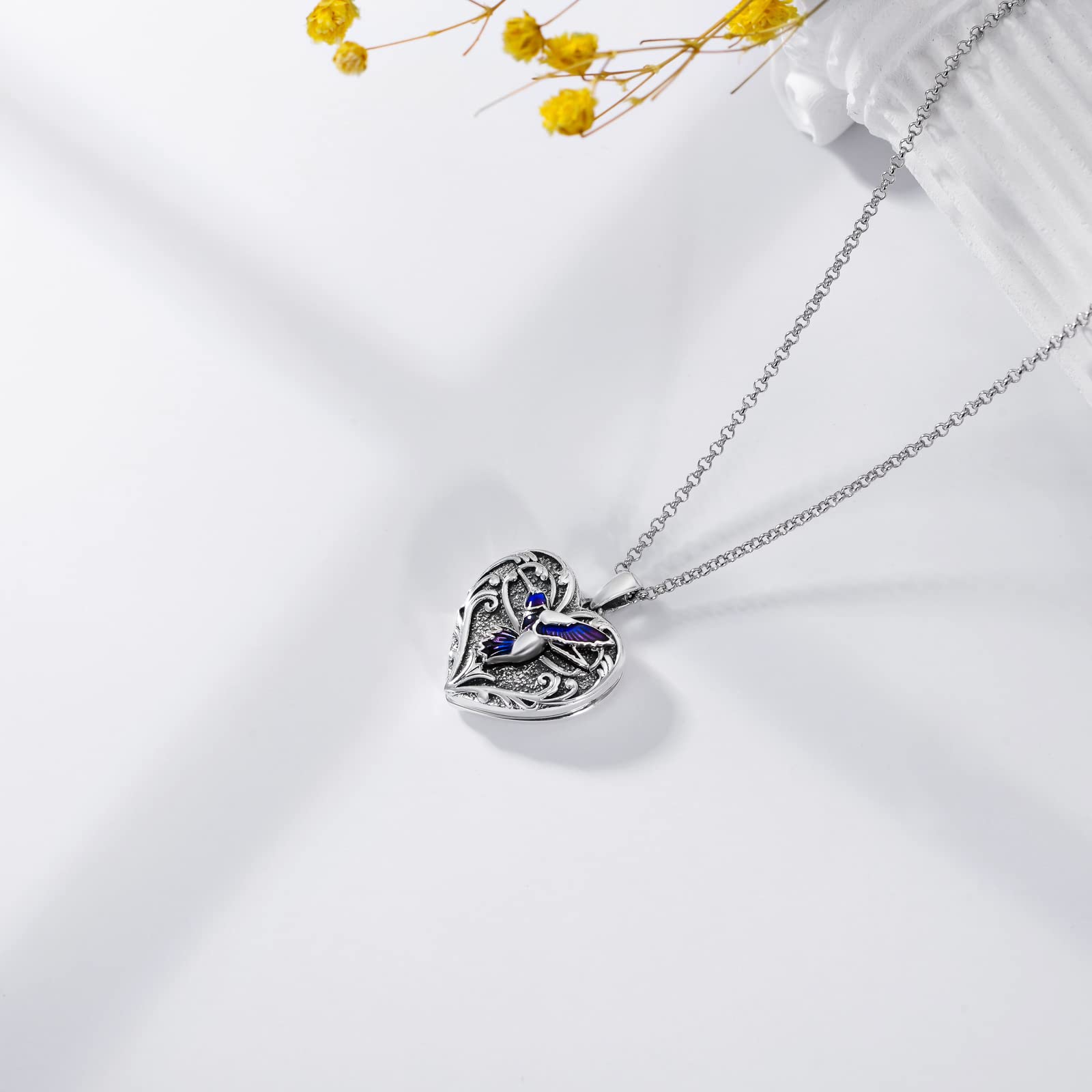 SOULMEET Sterling Silver Heart Shaped Epoxy Resin Locket Necklace - Butterfly/Peacock/Hummingbird/Lotus/Rose Designs with Photo Insert, Personalized Jewelry Gift for Women | Perfect for Anniversaries, Valentine's Day & Mother's Day Gifts