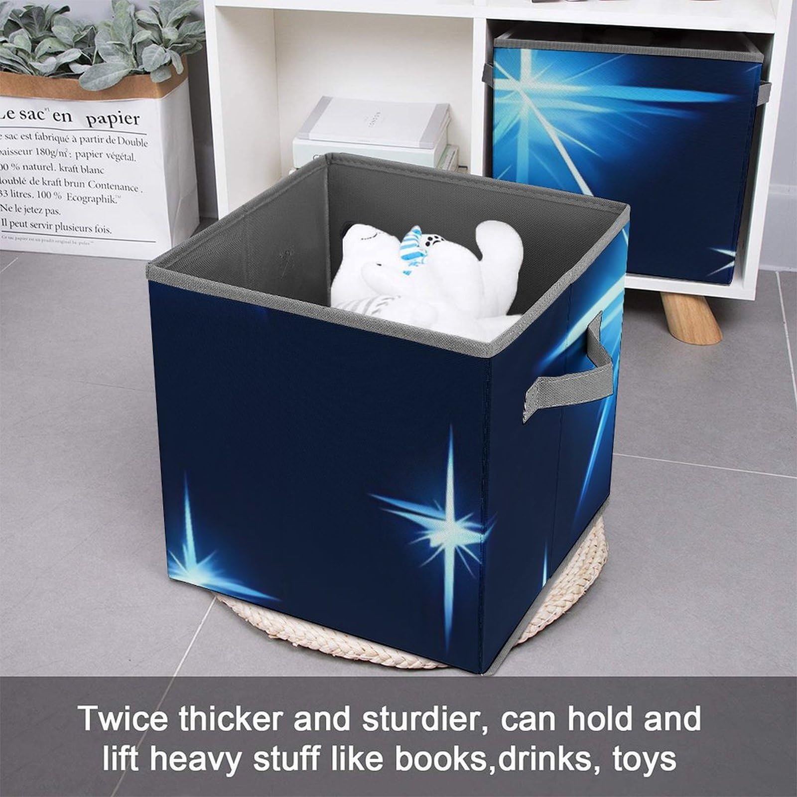 Cartoon Blue Star Storage Bin - Large Capacity Collapsible Storage Box with Handles (10.6x10.6x10.6 Inch) - Closet Organizer System for Home, Office & Kids Room Organization - Perfect for Toys, Books, Clothes & Craft Supplies Storage