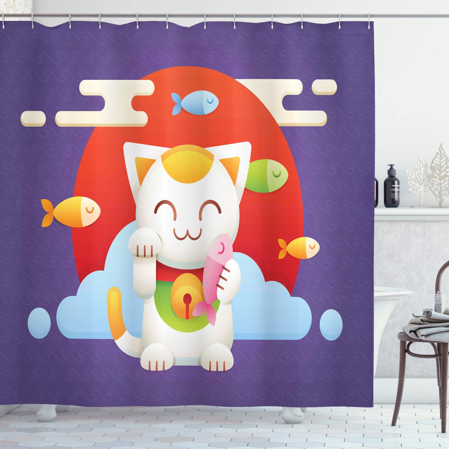 Ambesonne Japanese Cat Shower Curtain - Lucky Maneki Neko Holding Coins & Fish for Good Fortune, 69x75 Inch Waterproof Bathroom Decor Set with Hooks, Vermilion Mustard - Perfect for Asian-Themed Bathrooms & Gift for Cat Lovers
