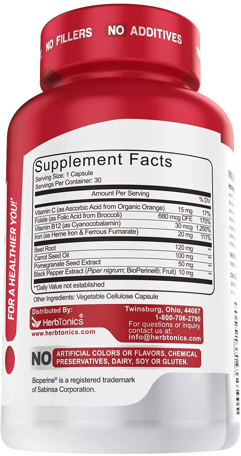 Iron Supplements with Vitamin C, Beet Root & Folate - Blood Booster for Energy & Red Blood Cell Support | Vegan, No Side Effects | 30 Capsules | Ideal for Anemia, Fatigue & Active Lifestyles