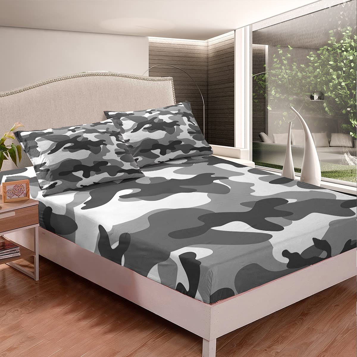 Army Camouflage Bedding Set - 3 Piece Camo Bed Sheets for Teens & Kids (Full Size) with Fitted Sheet & 2 Pillowcases - Black Grey Military Pattern Decor for Boys & Girls Bedrooms | Perfect for Military-Themed Rooms, Camping Enthusiasts & Adventure Lovers
