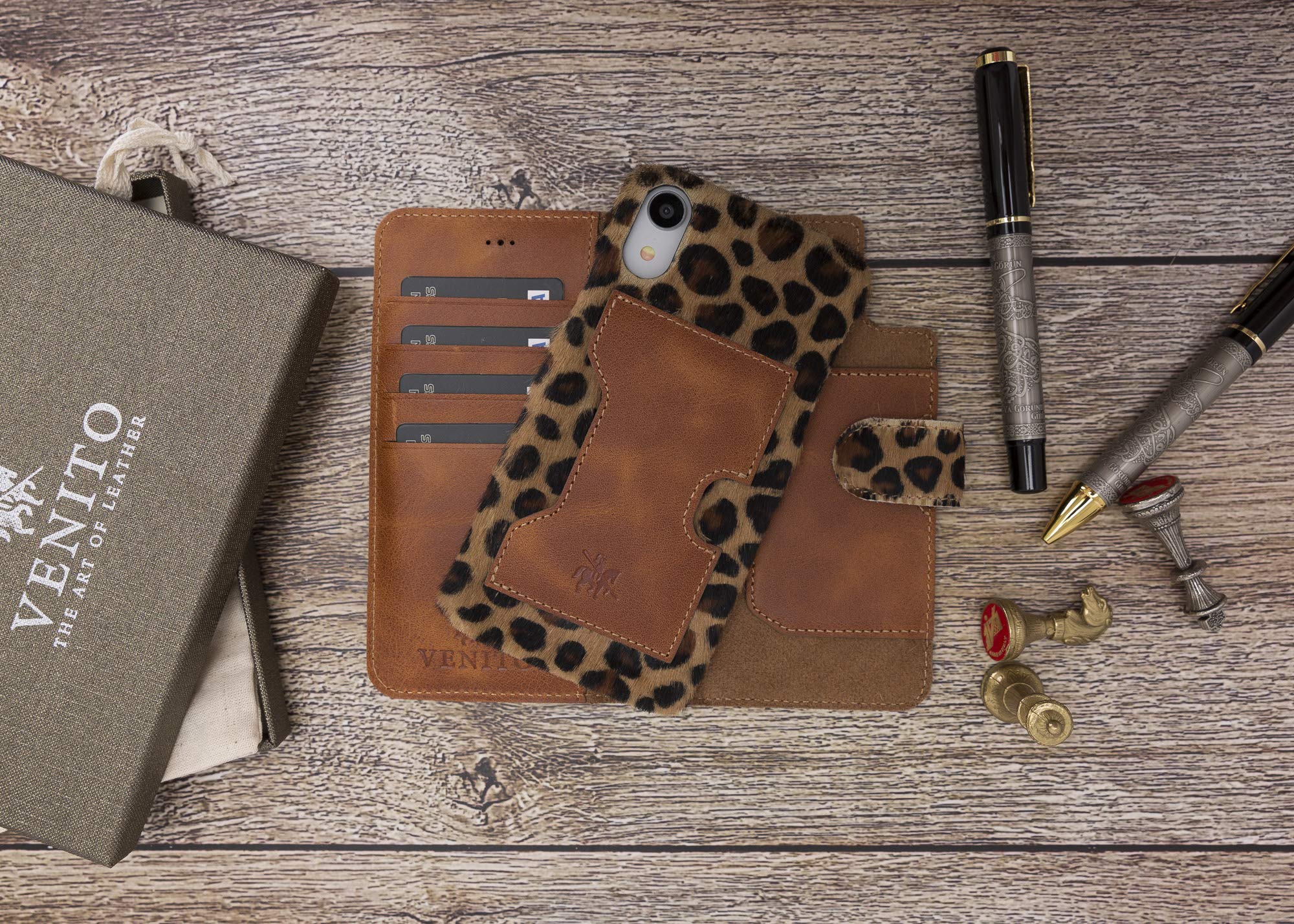 Venito Florence Genuine Leather Wallet Phone Case for iPhone XR - RFID Blocking Technology for Security - Detachable Card Holder - Furry Leopard Print Design - Perfect for Travel, Shopping & Everyday Use
