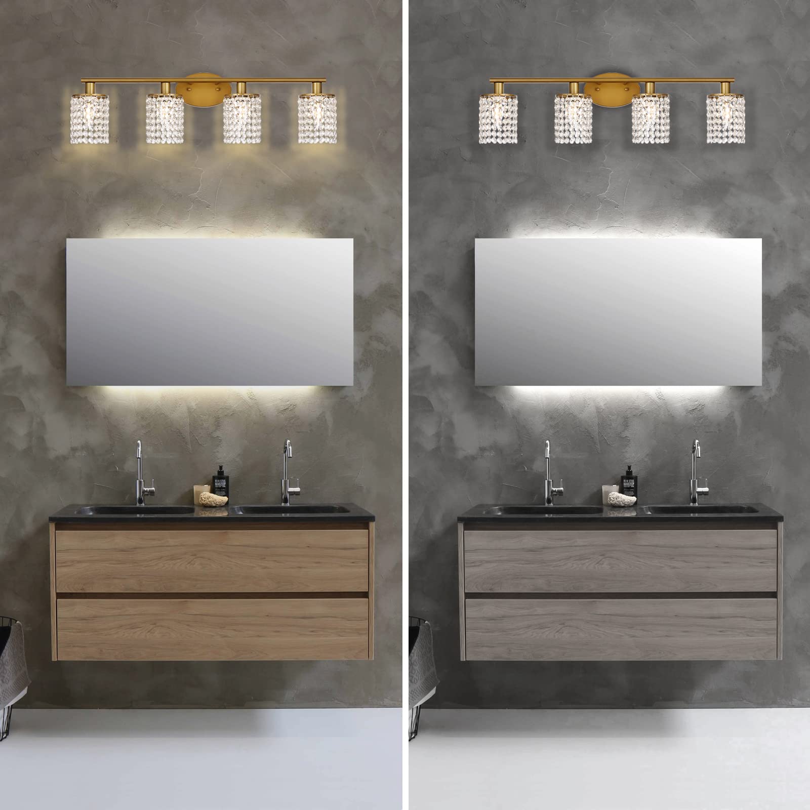 4-Light Crystal Gold Vanity Lights - Modern Wall Sconce Lighting for Bathroom Mirror, Bedroom Dresser & Makeup Area - Elegant Hollywood Style Fixture with Clear Prisms