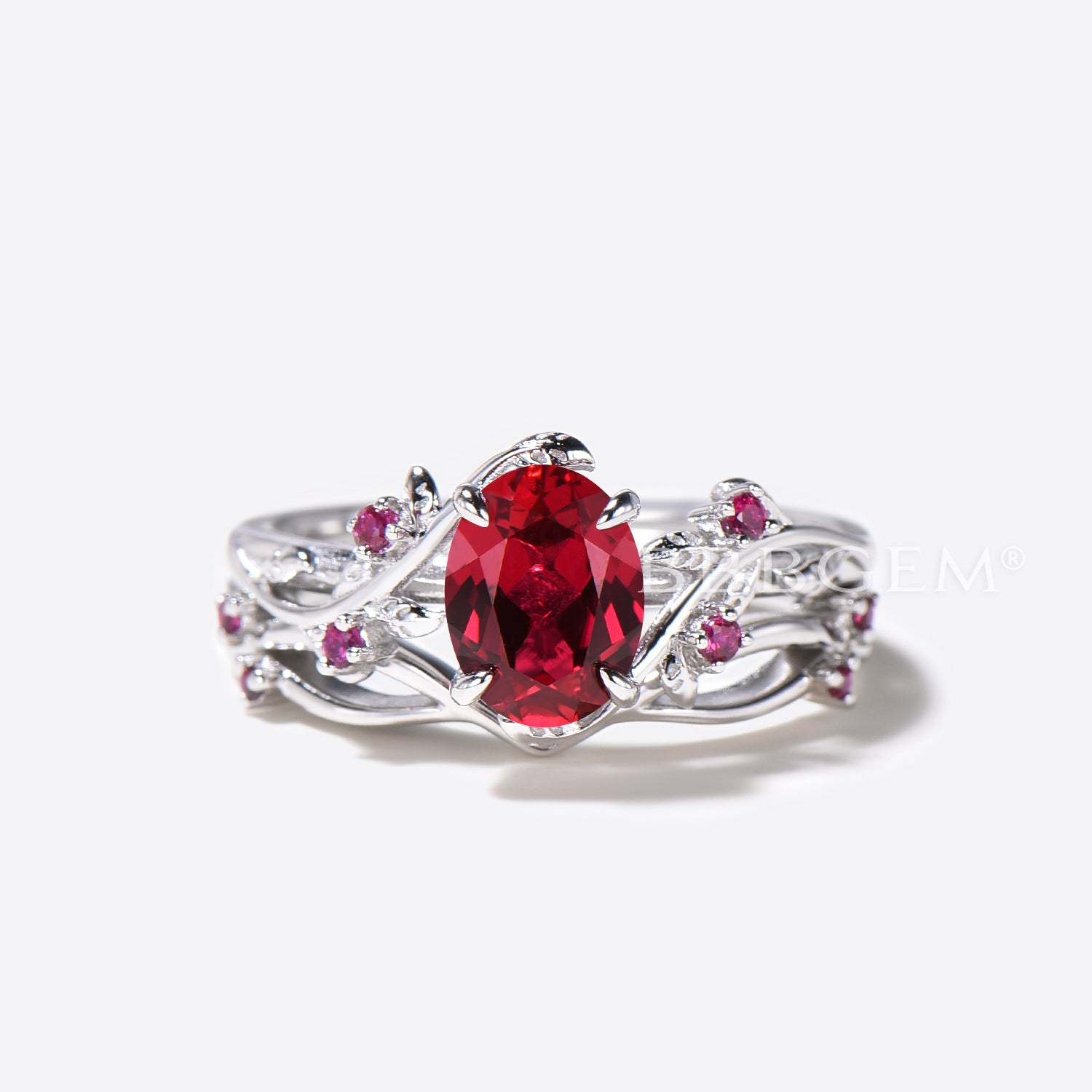 Natural Oval Red Ruby Engagement Ring & Leaf Wedding Band Set - Vintage Inspired Jewelry for Proposals, Anniversaries & Romantic Occasions