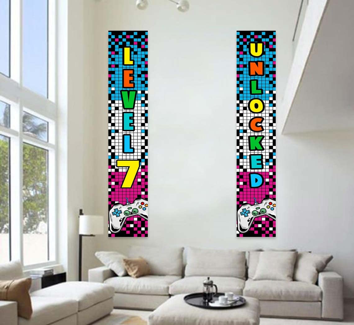 Level 7 Unlocked Happy 7th Birthday Banner - Video Game Controller Themed Backdrop & Photo Booth Props for Boys Girls 7th Birthday Party Decorations - Perfect for Door Porch Decor & Gaming Theme Parties