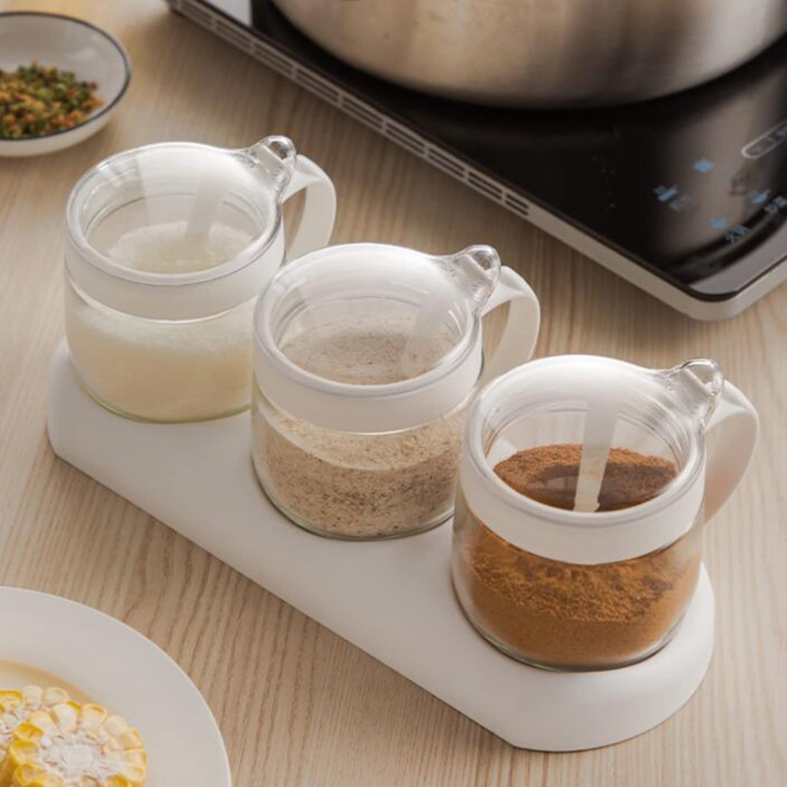 Premium Glass Spice Jars with Spoon - 3 Pack Airtight Transparent Condiment Storage Containers for Sugar, Salt, Pepper & Kitchen Spices | Perfect for Pantry Organization & Cooking Essentials